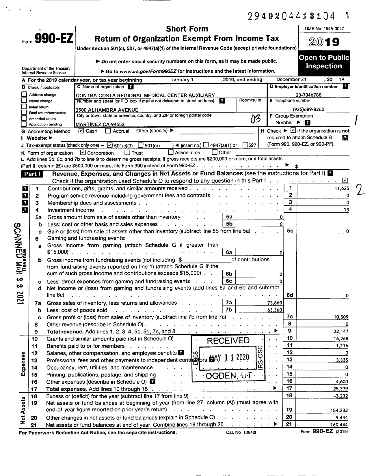 Image of first page of 2019 Form 990EZ for Contra Costa Regional Medical Center Auxiliary