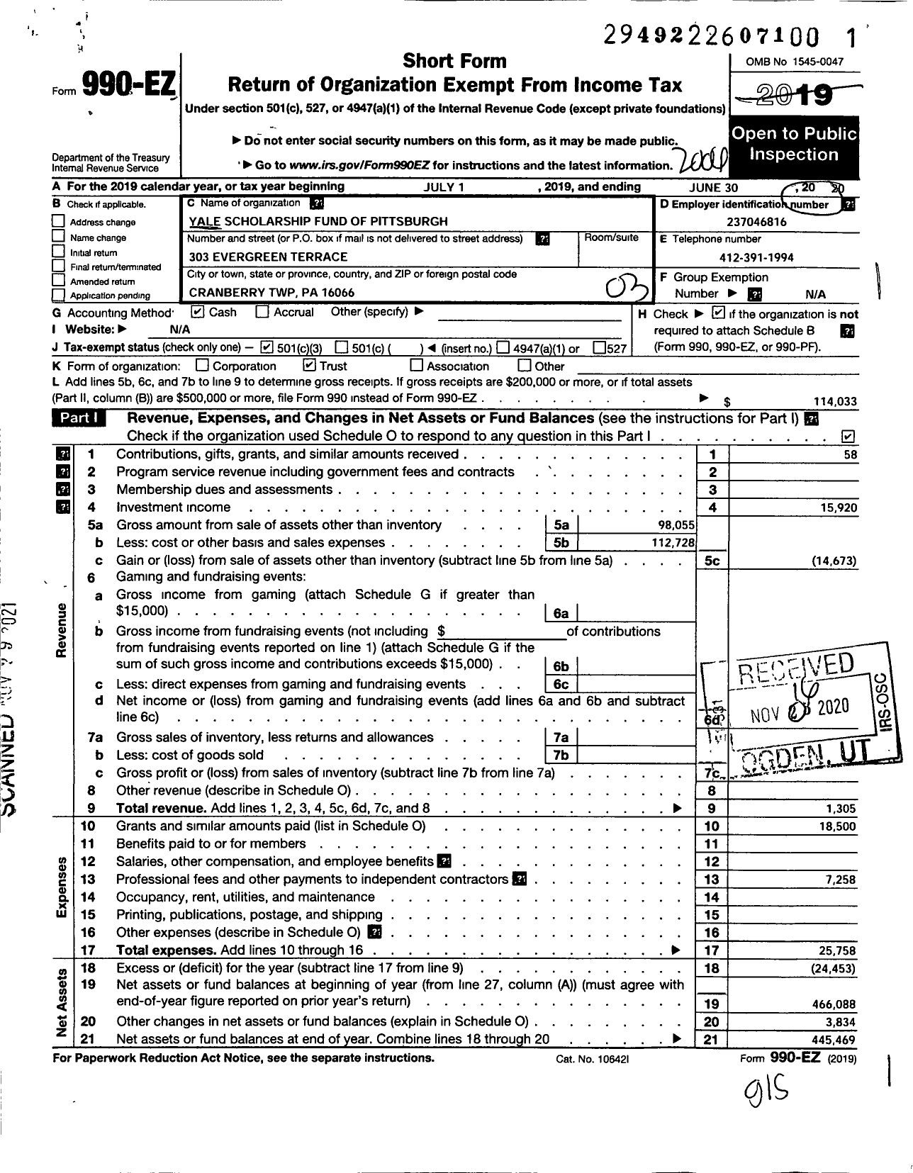 Image of first page of 2019 Form 990EZ for Yale Scholarship Fund of Pittsburgh