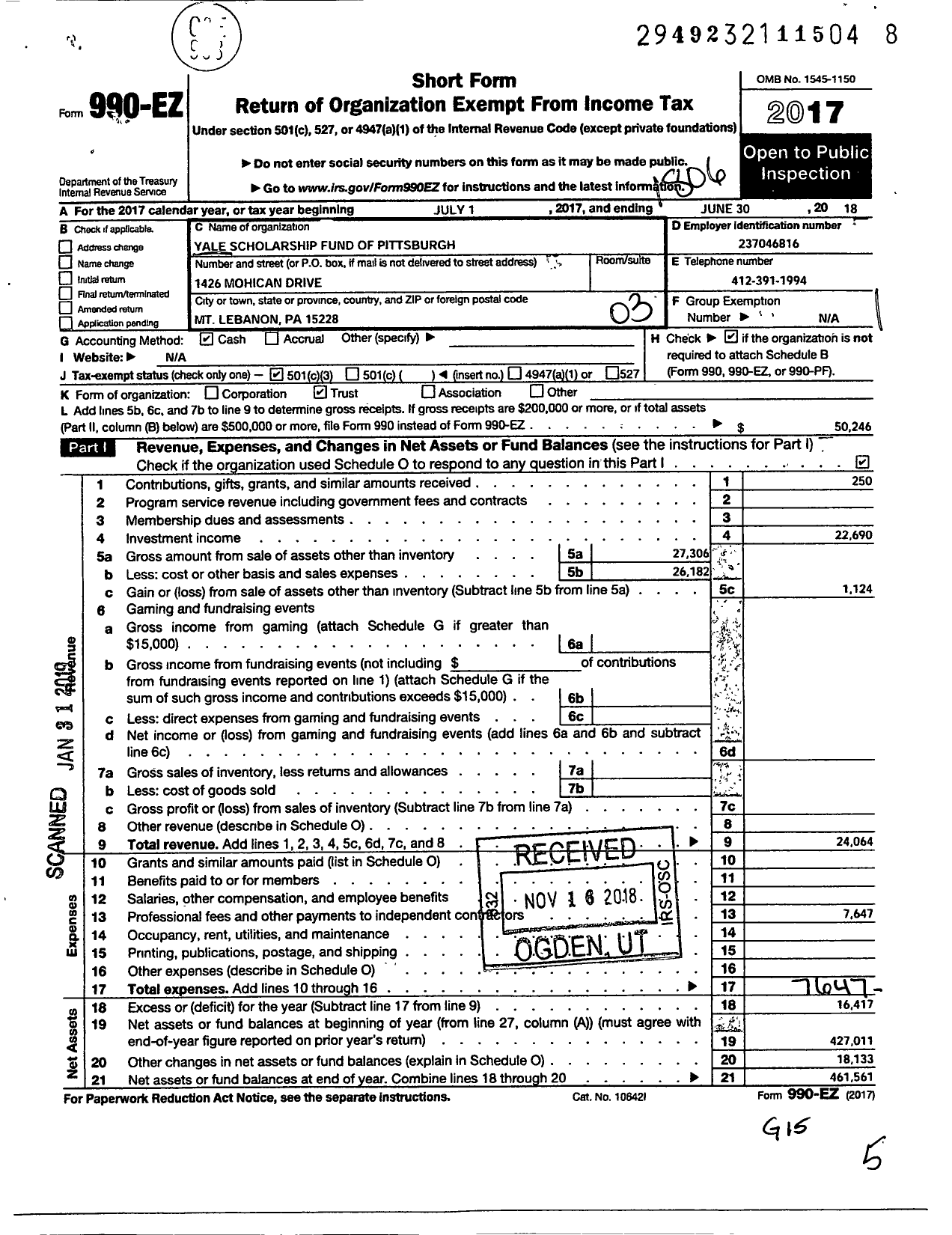 Image of first page of 2017 Form 990EZ for Yale Scholarship Fund of Pittsburgh