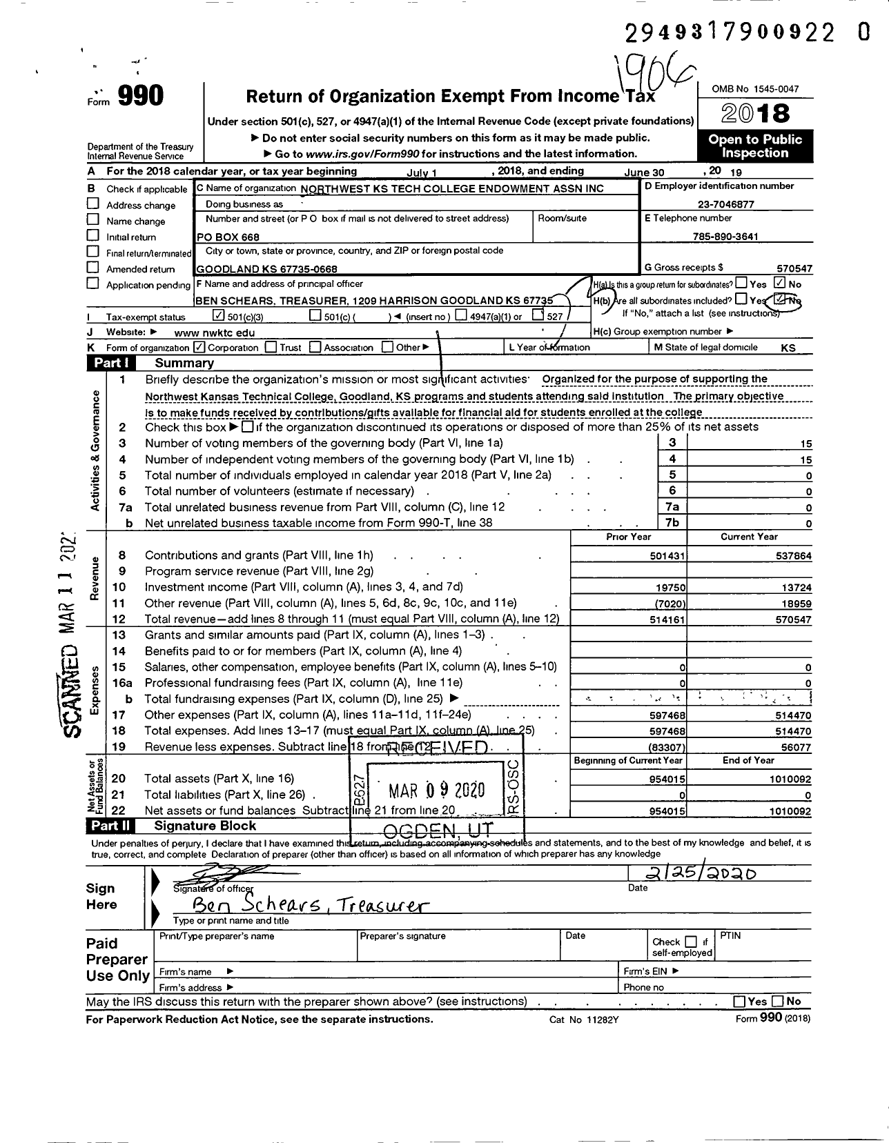 Image of first page of 2018 Form 990 for Northwest Kansas Technical College Endowment Association