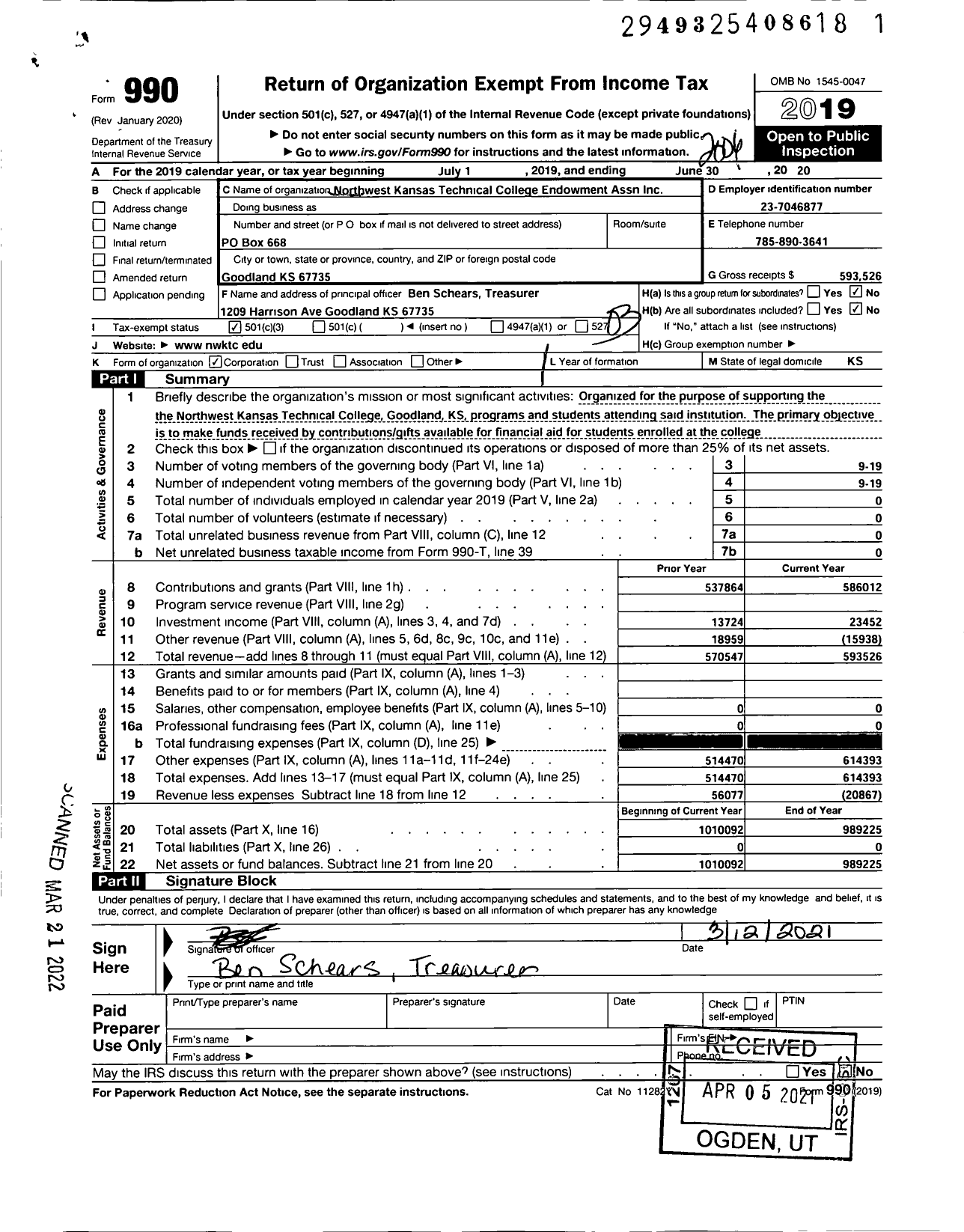 Image of first page of 2019 Form 990 for Northwest Kansas Technical College Endowment Association