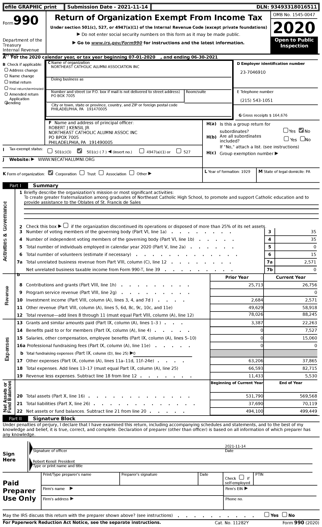 Image of first page of 2020 Form 990 for Northeast Catholic Alumni Association