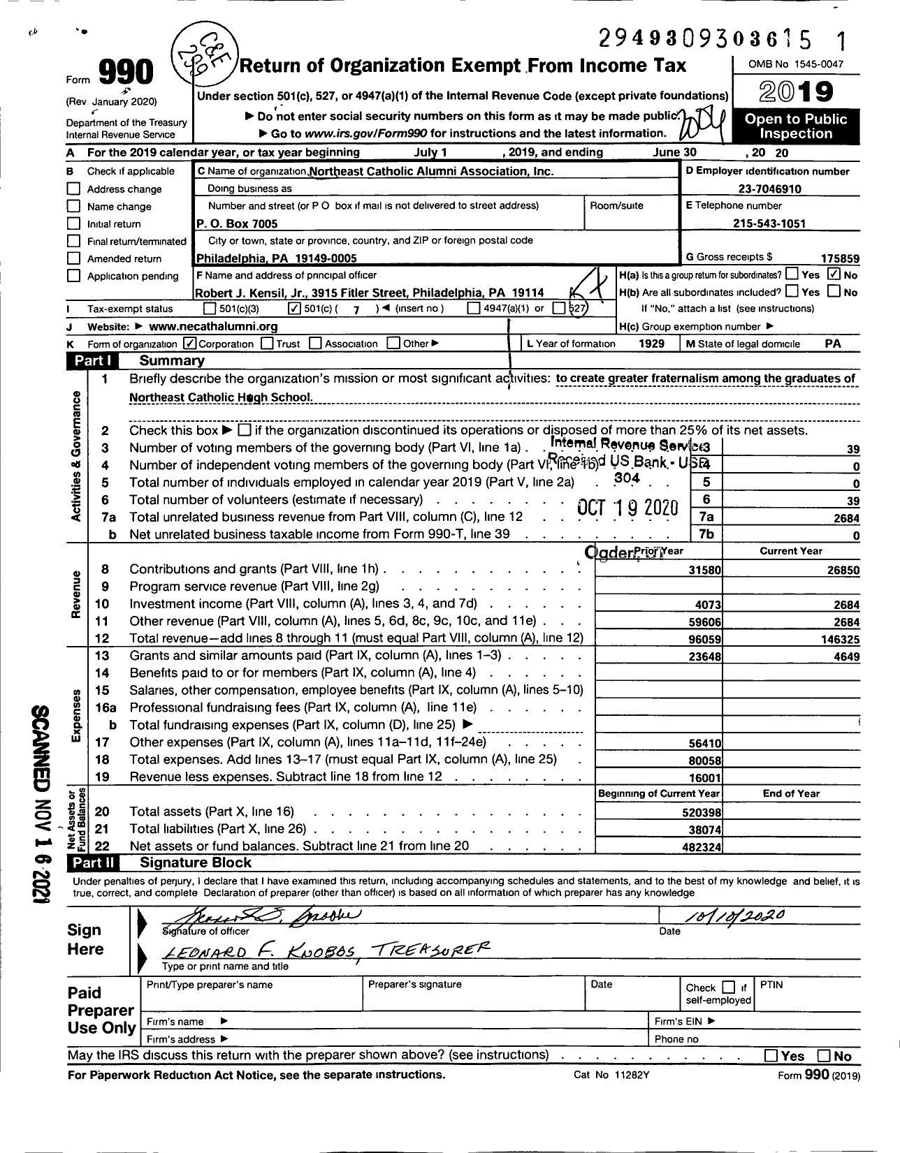 Image of first page of 2019 Form 990O for Northeast Catholic Alumni Association