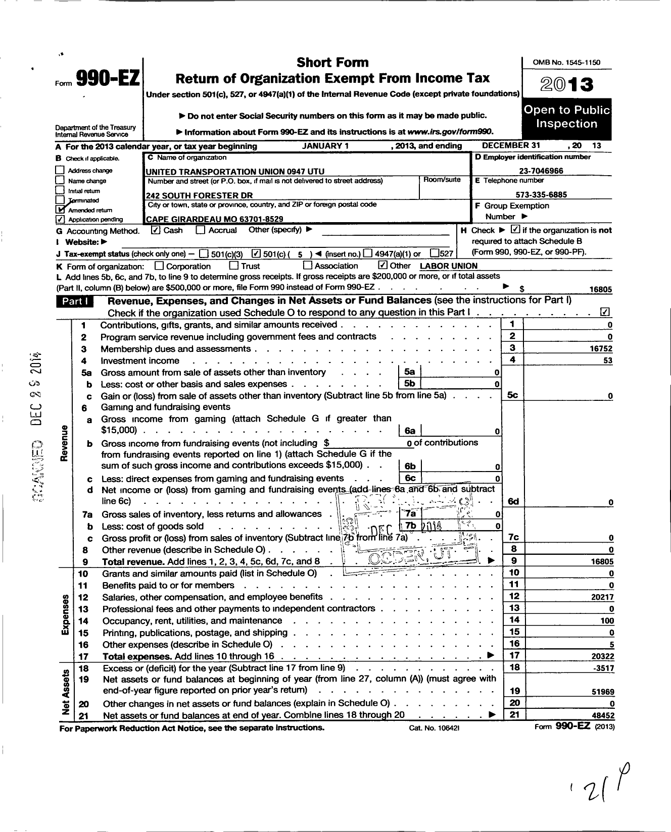 Image of first page of 2013 Form 990EO for Smart Union - 947 TD