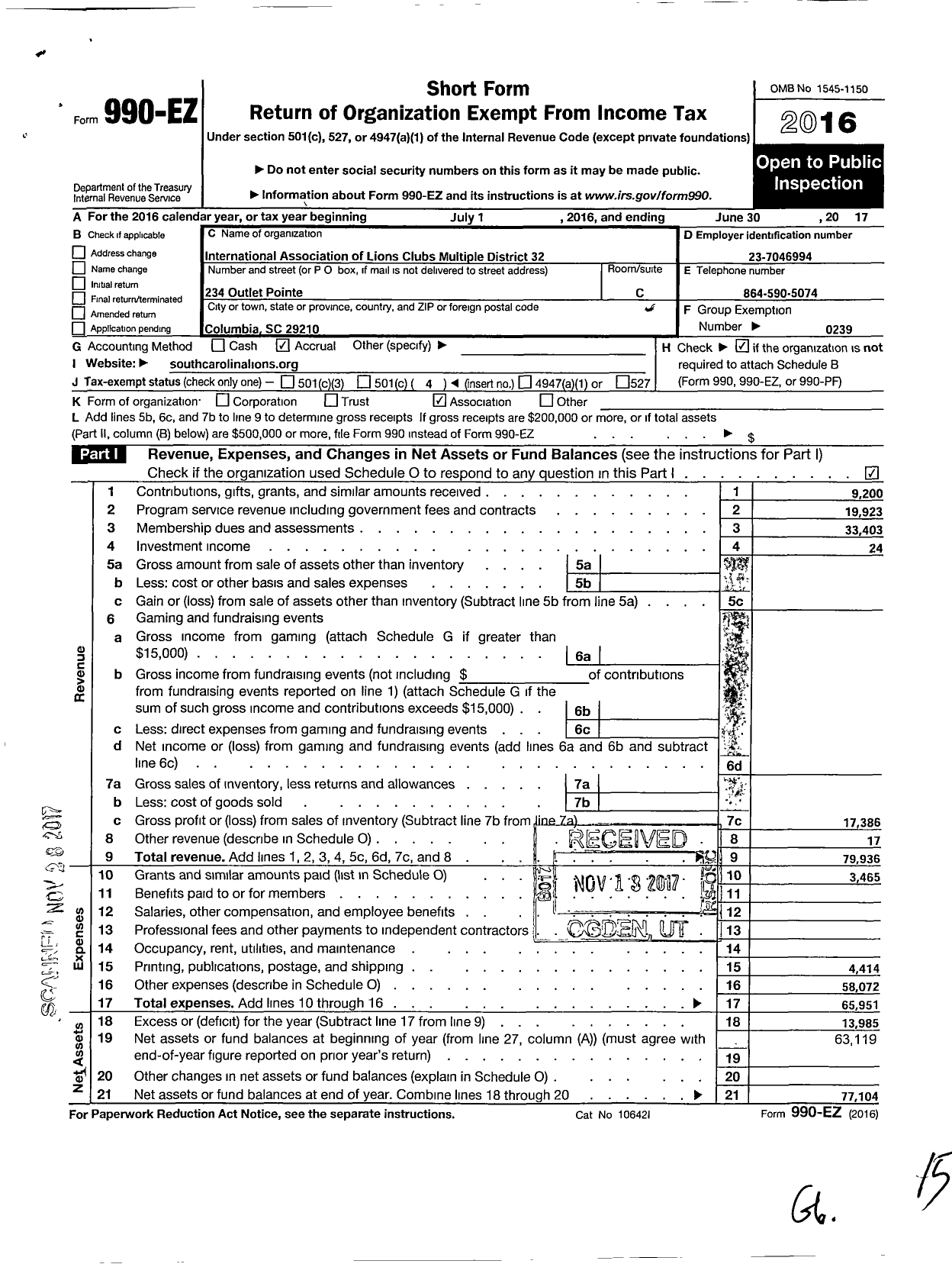 Image of first page of 2016 Form 990EO for Lions Clubs - 27627 32 Multiple District