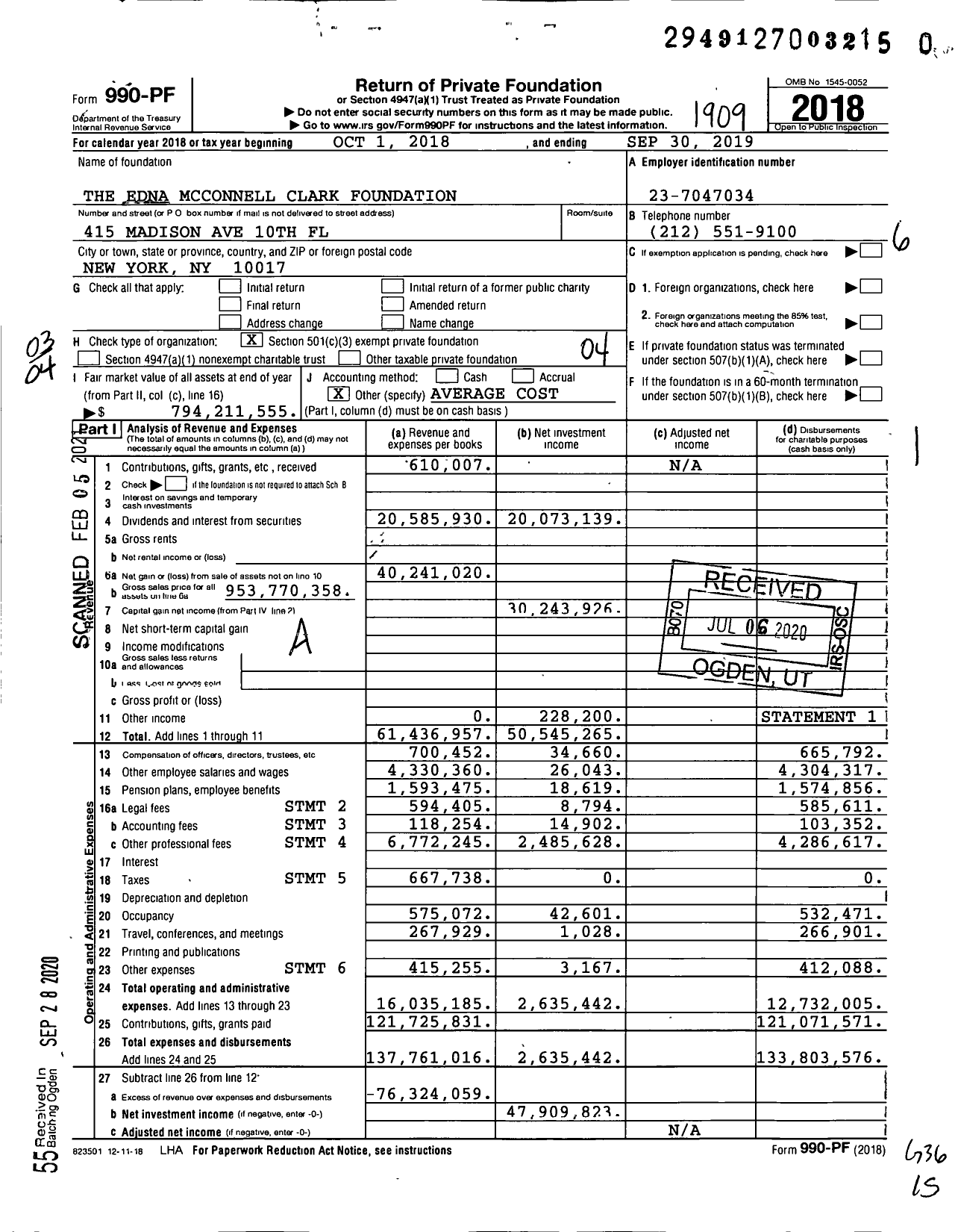 Image of first page of 2018 Form 990PF for The Edna Mcconnell Clark Foundation