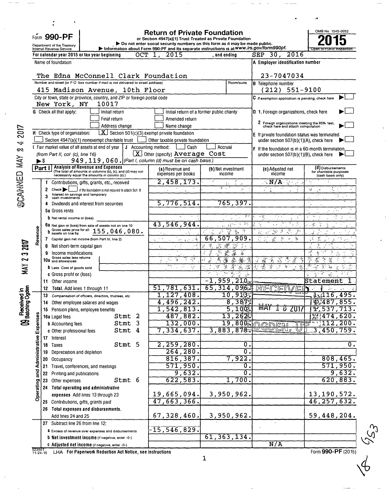 Image of first page of 2015 Form 990PF for The Edna Mcconnell Clark Foundation