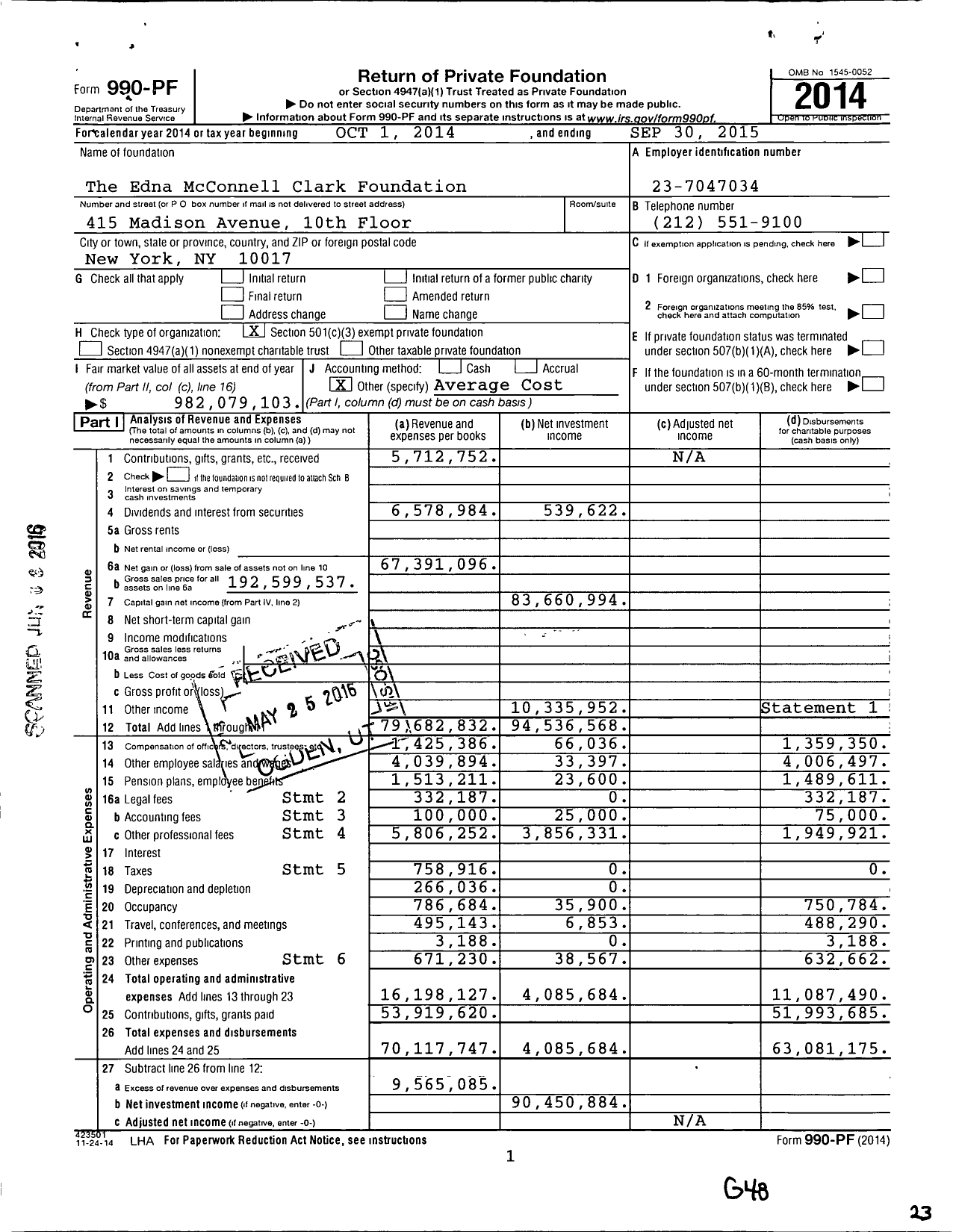 Image of first page of 2014 Form 990PF for The Edna Mcconnell Clark Foundation