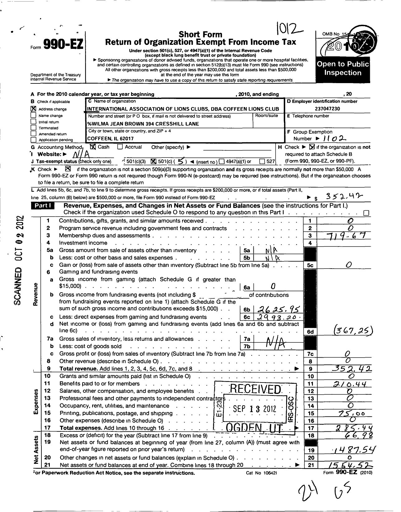 Image of first page of 2010 Form 990EO for Lions Clubs - Coffeen Lions Club