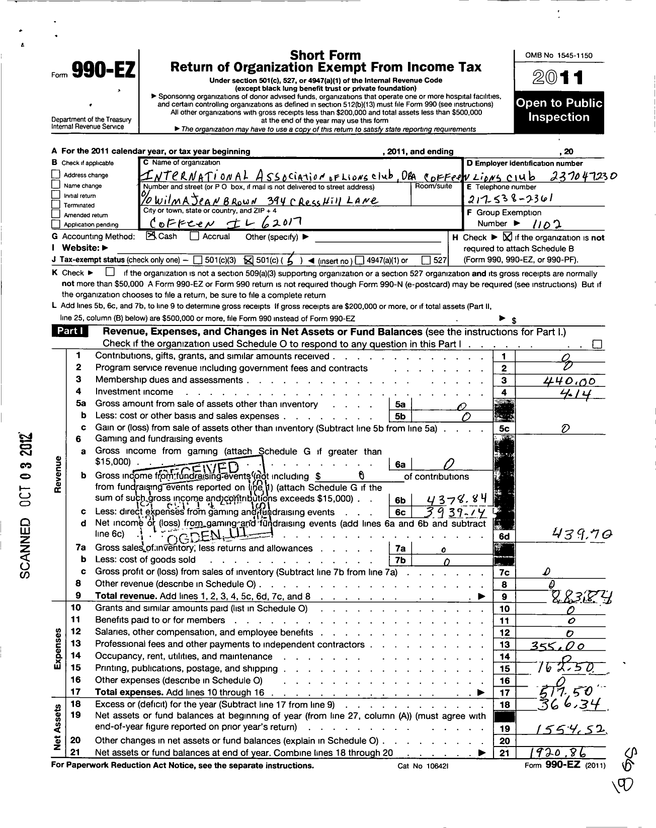 Image of first page of 2011 Form 990EO for Lions Clubs - Coffeen Lions Club