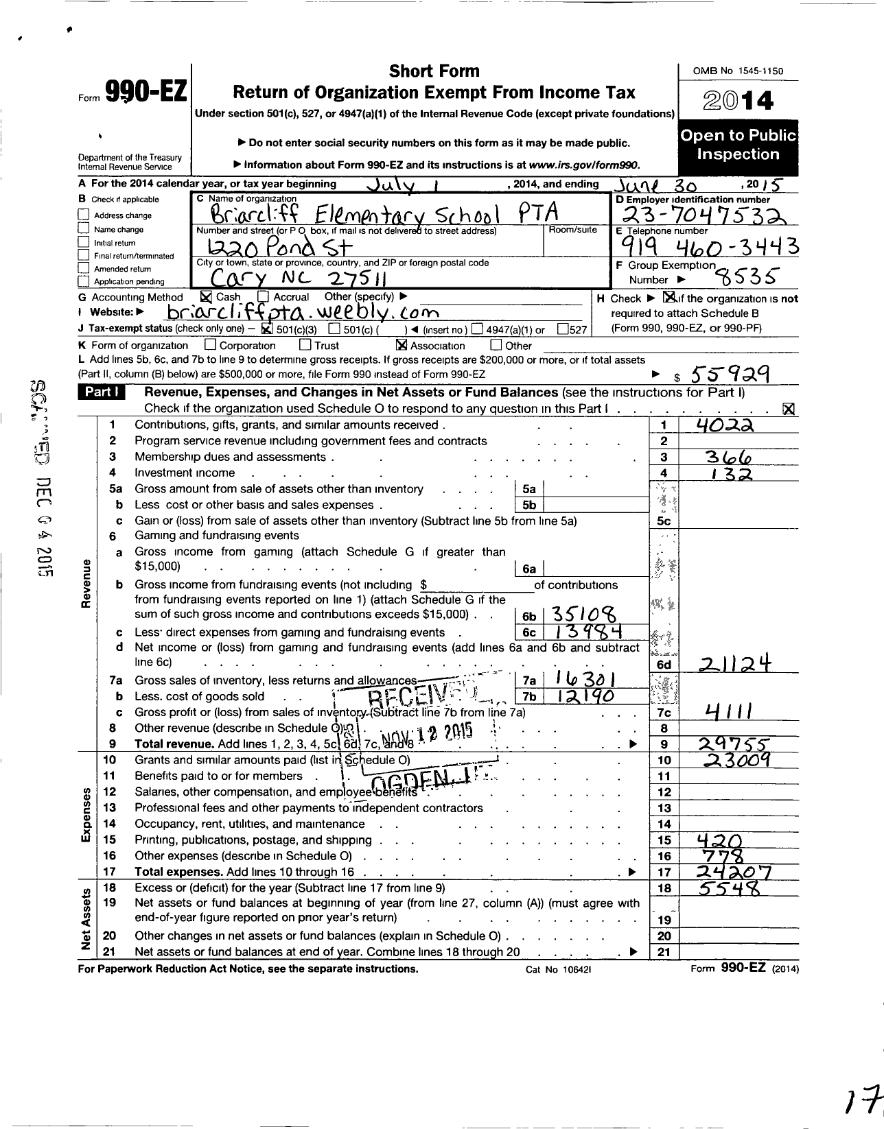 Image of first page of 2014 Form 990EZ for North Carolina PTA - Briarcliff Elementary School PTA