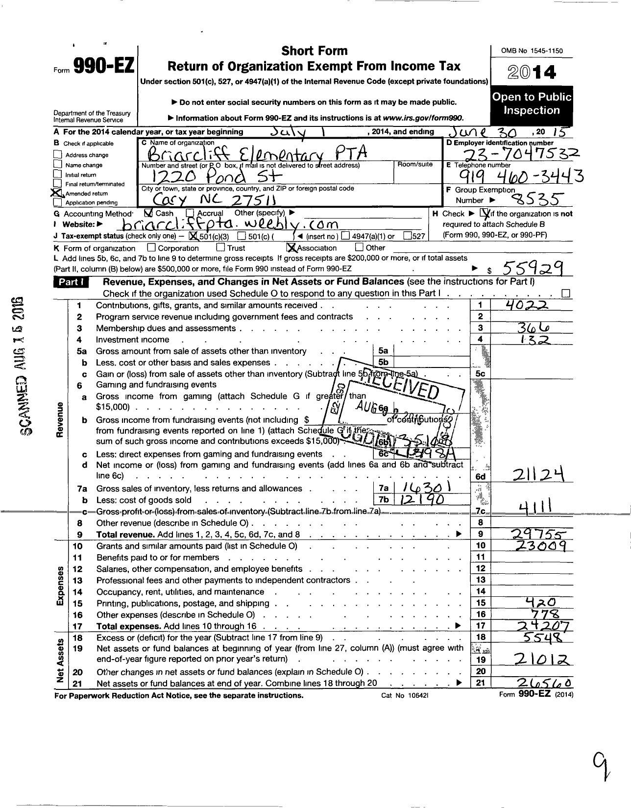 Image of first page of 2014 Form 990EZ for North Carolina PTA - Briarcliff Elementary School PTA