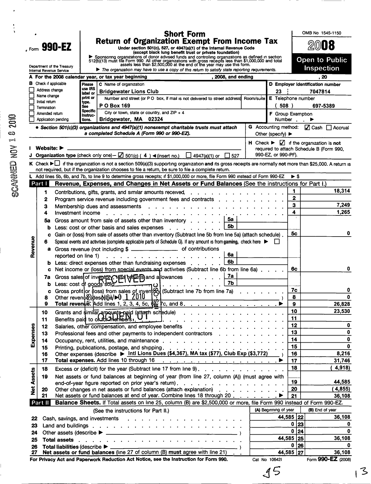 Image of first page of 2008 Form 990EO for Lions Clubs - Bridgewater