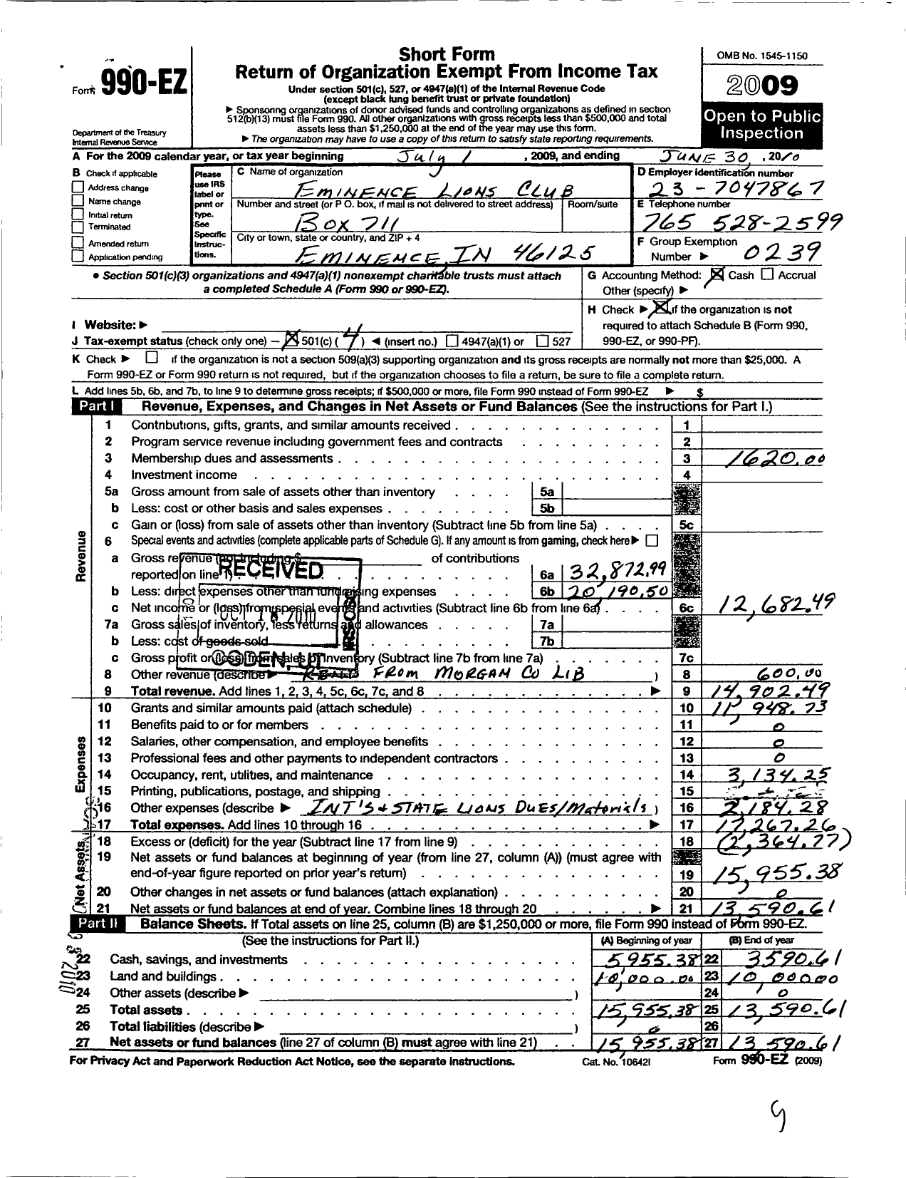 Image of first page of 2009 Form 990EO for Lions Clubs - 9663 Eminence
