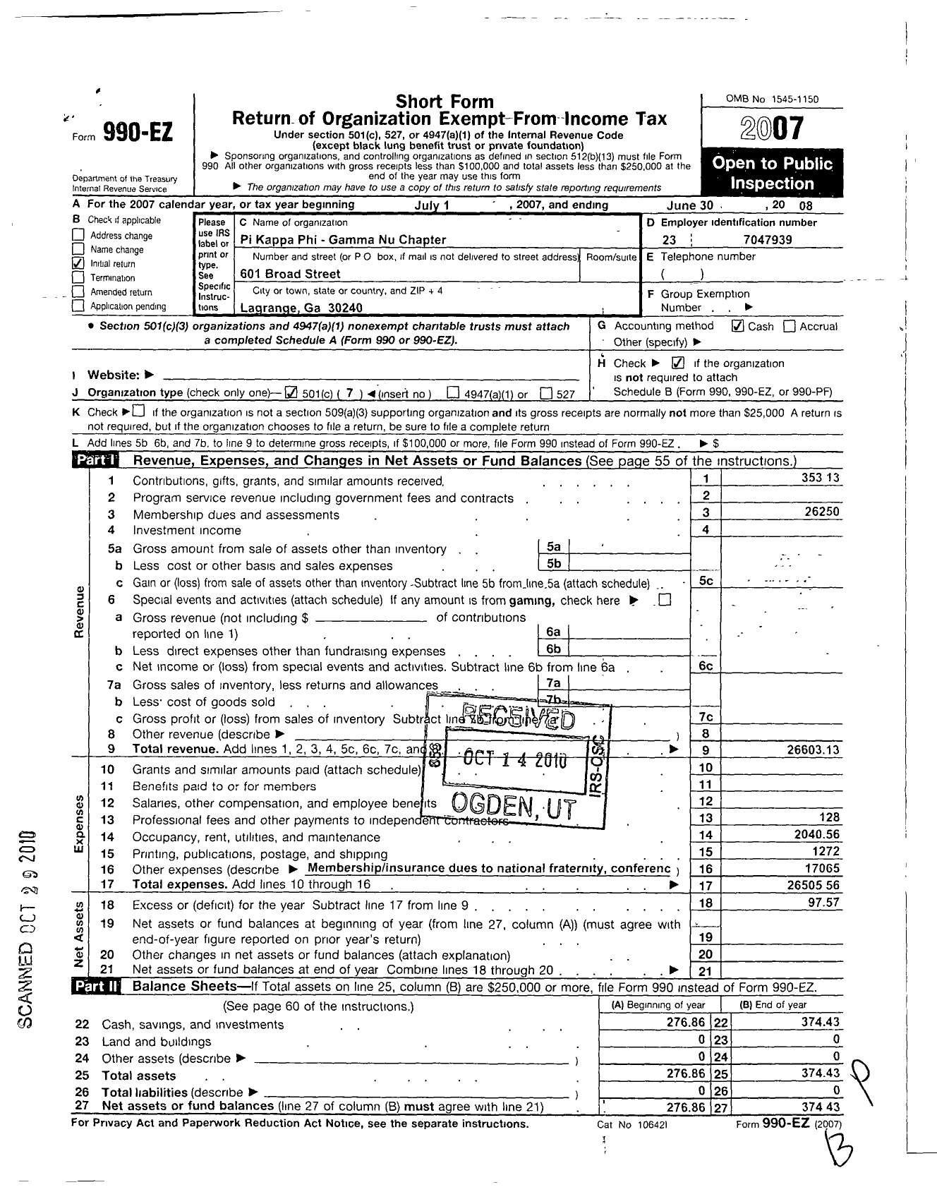 Image of first page of 2007 Form 990EO for Pi Kappa Phi Fraternity - Gamma Nu