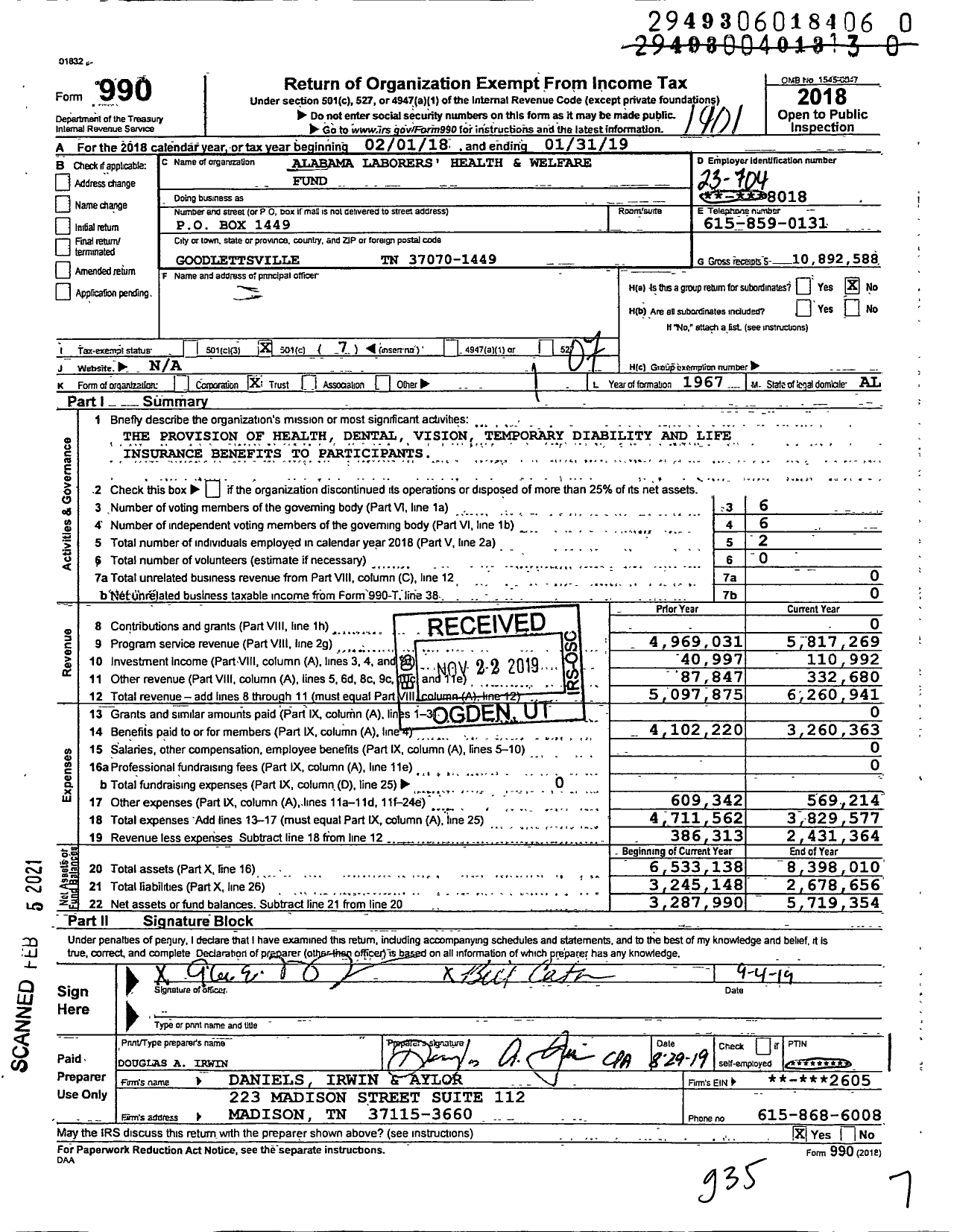 Image of first page of 2018 Form 990O for Alabama Laborers' Health and Welfare Fund