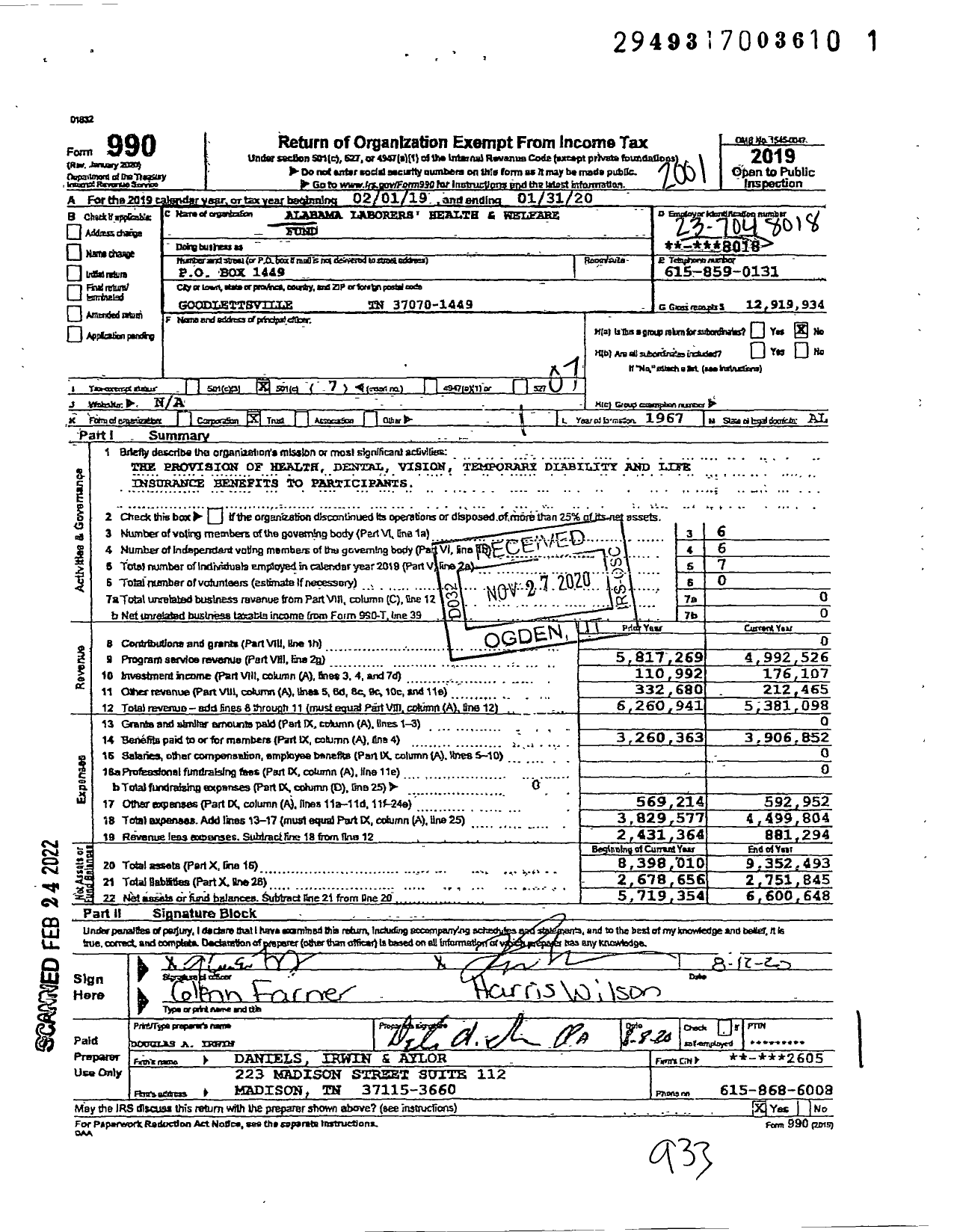 Image of first page of 2019 Form 990O for Alabama Laborers' Health and Welfare Fund
