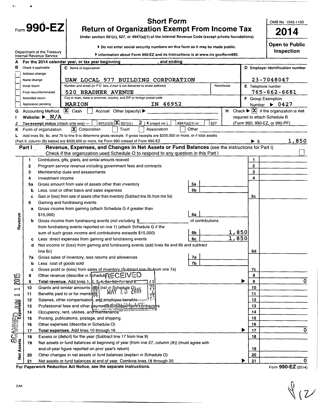 Image of first page of 2014 Form 990EO for Uaw 977 Building Corporation