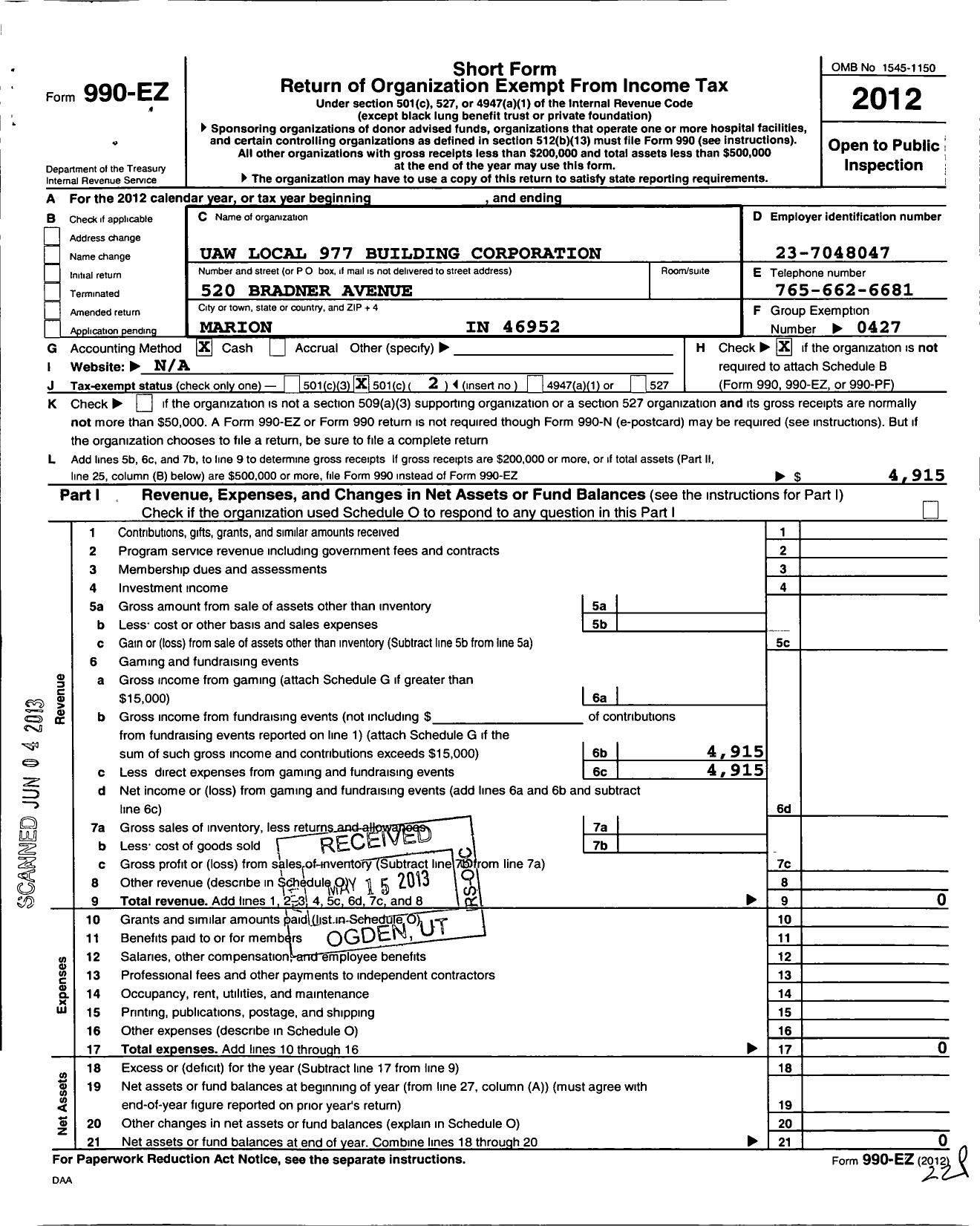 Image of first page of 2012 Form 990EO for Uaw 977 Building Corporation