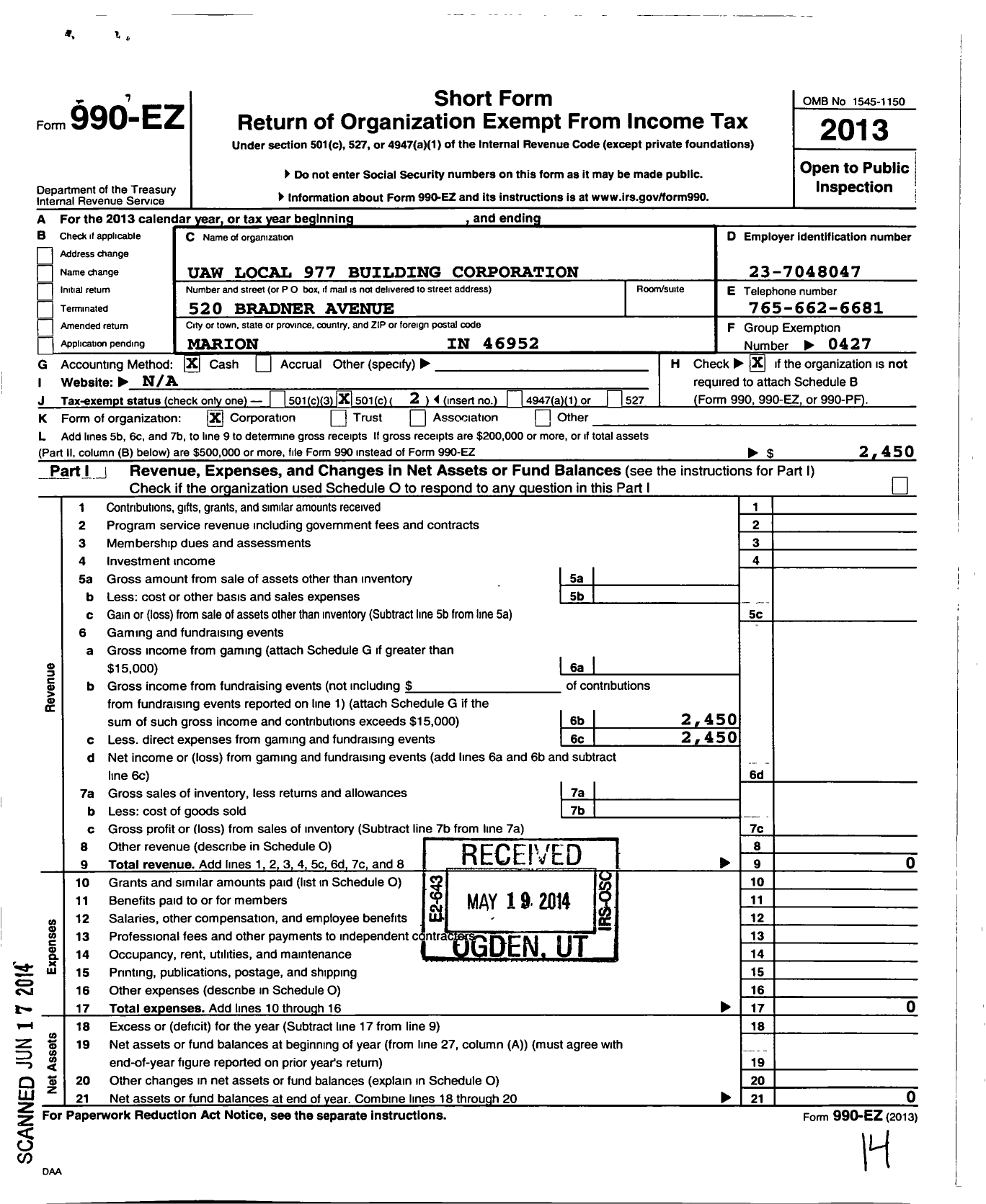 Image of first page of 2013 Form 990EO for Uaw 977 Building Corporation