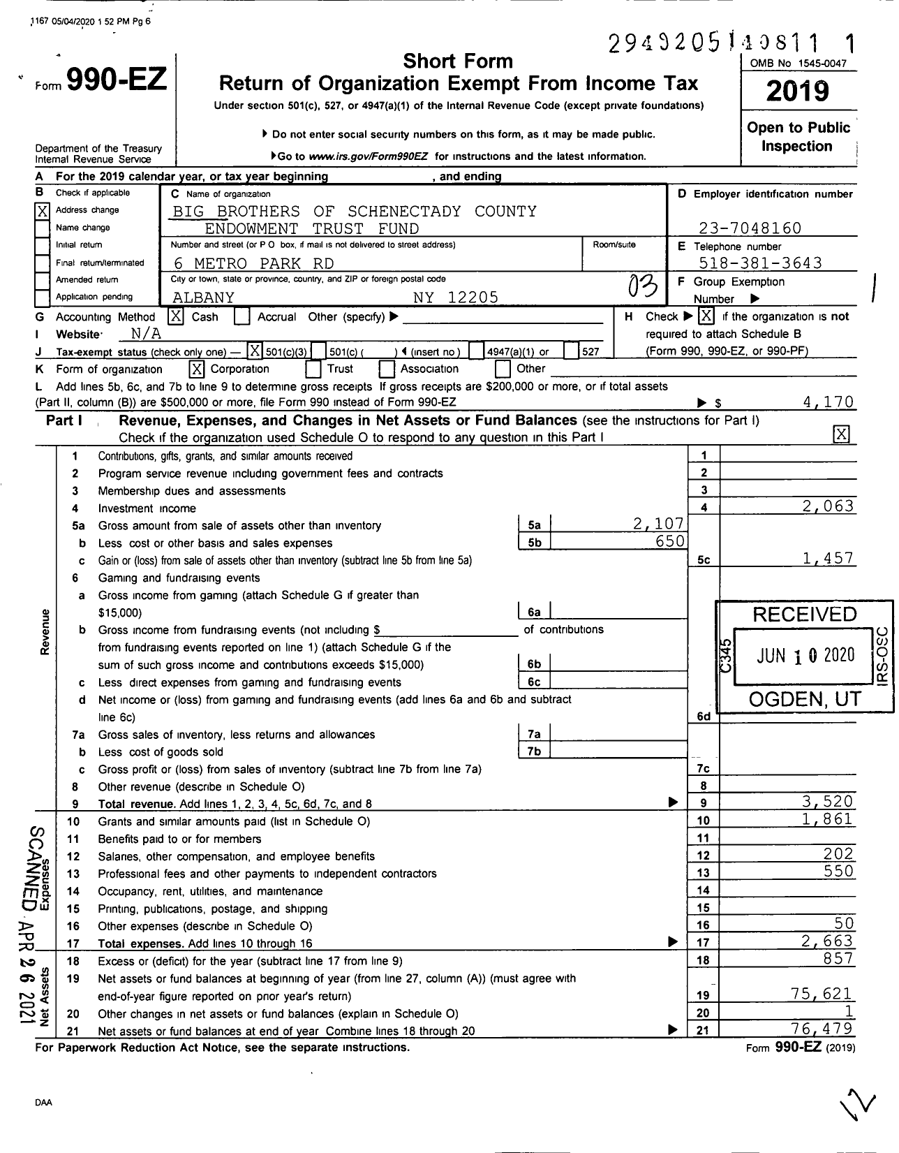 Image of first page of 2019 Form 990EZ for Big Brothers of Schenectady County Endowment Trust Fund