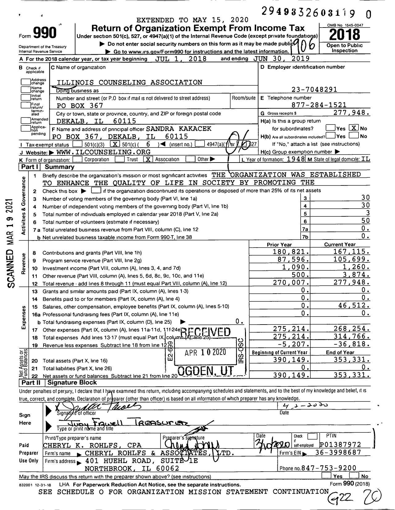 Image of first page of 2018 Form 990O for Illinois Counseling Association