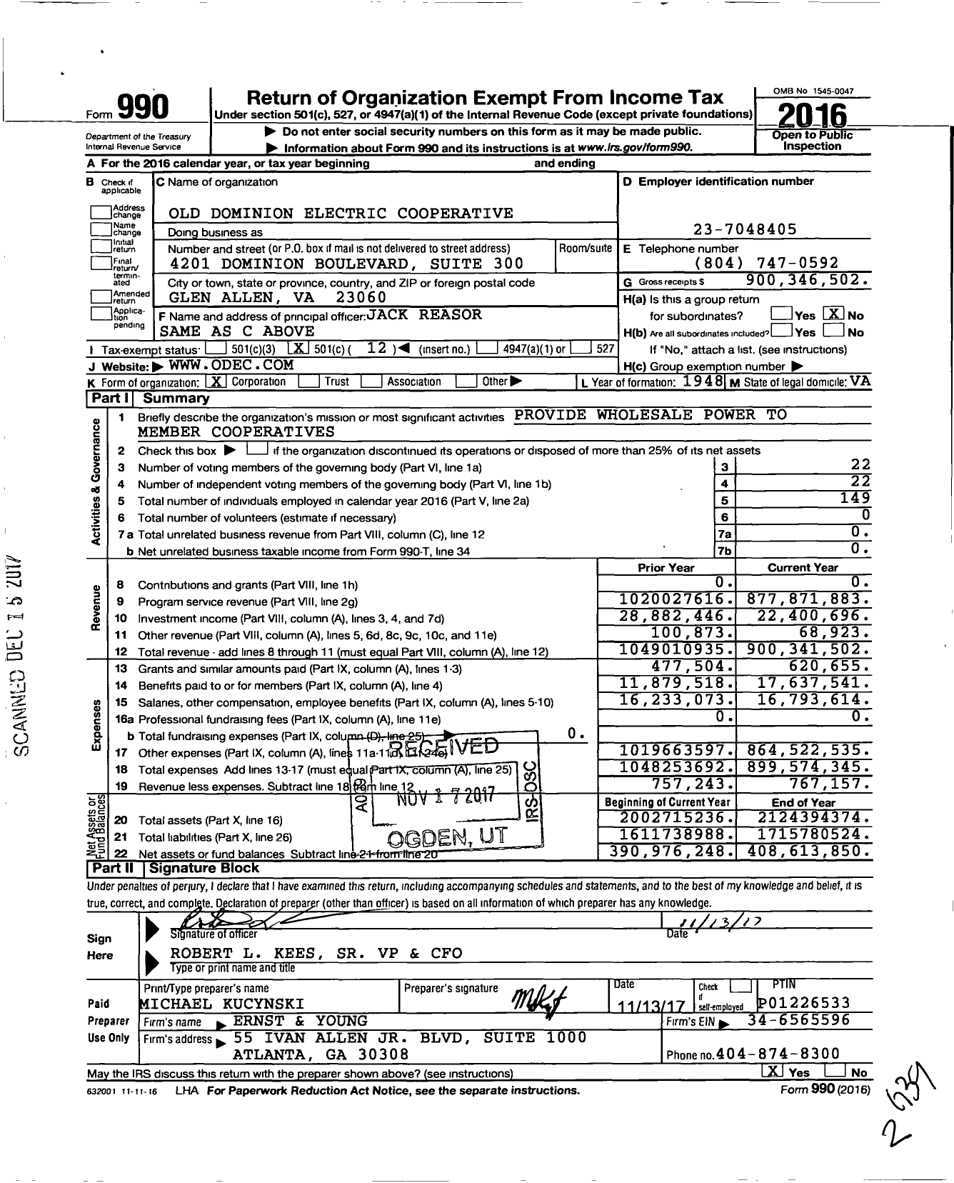 Image of first page of 2016 Form 990O for Old Dominion Electric Cooperative