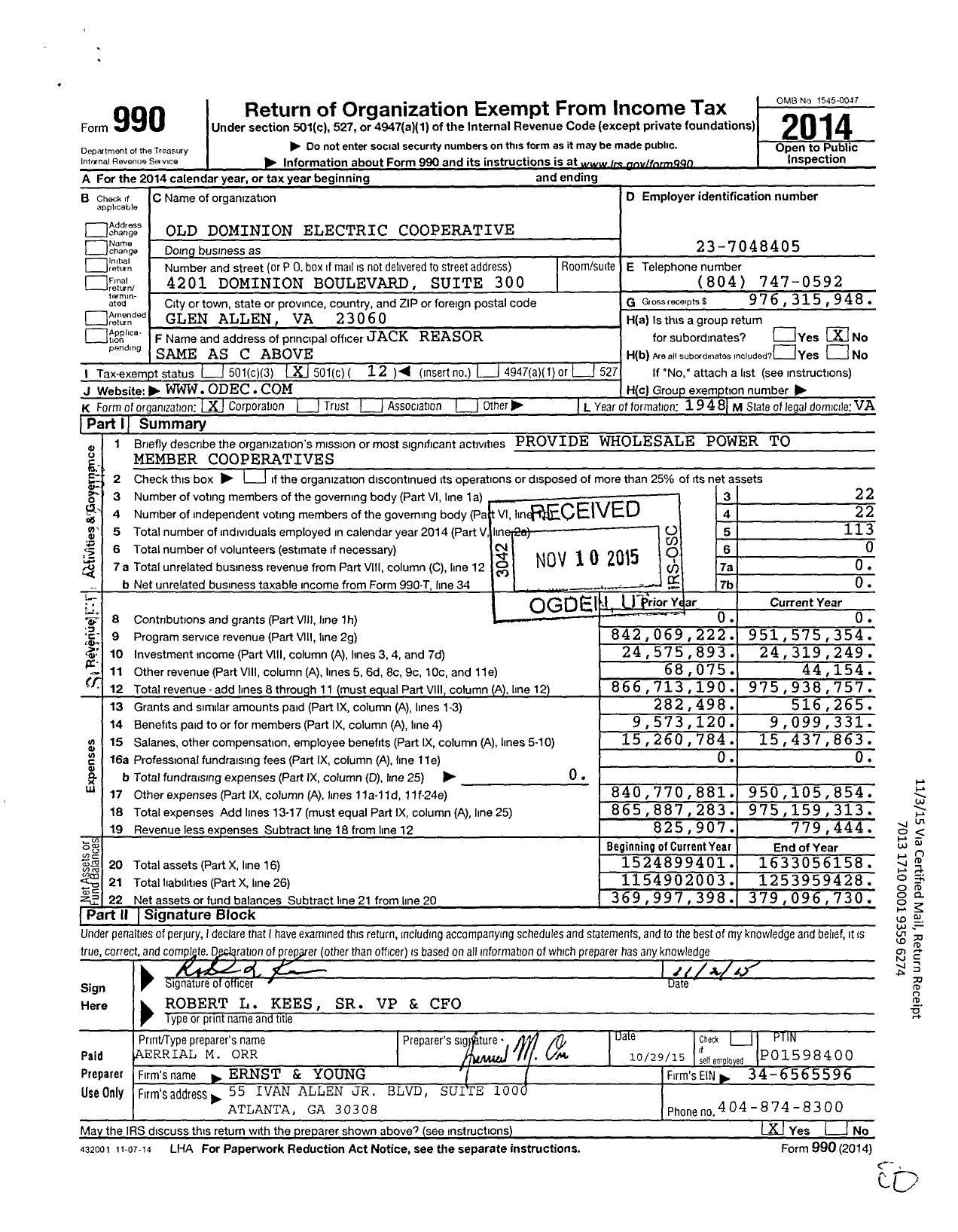 Image of first page of 2014 Form 990O for Old Dominion Electric Cooperative