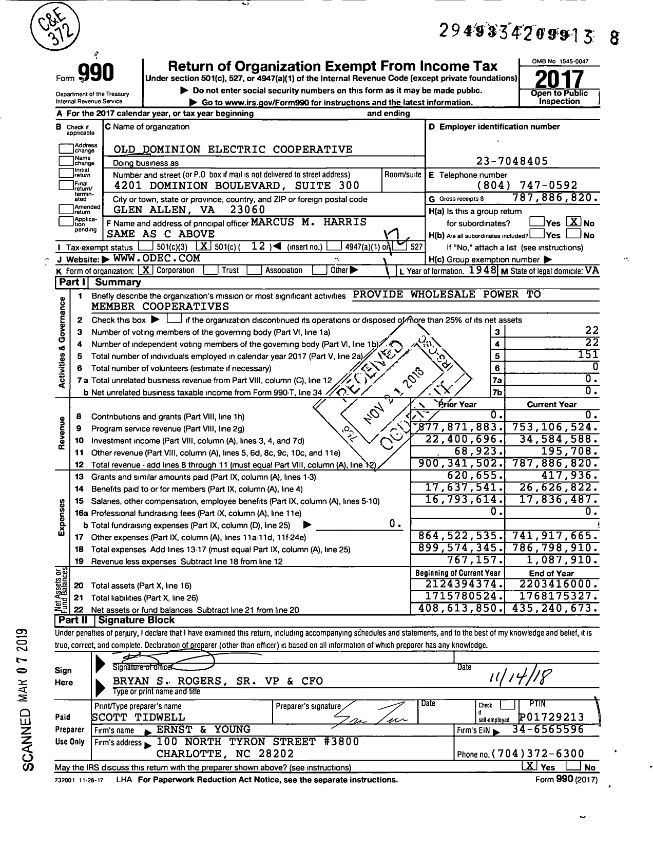 Image of first page of 2017 Form 990O for Old Dominion Electric Cooperative