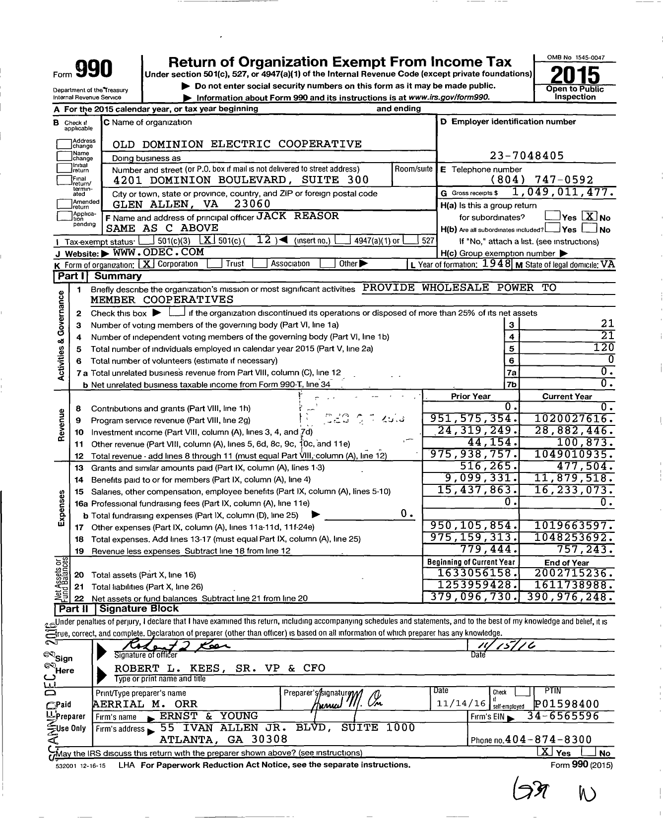Image of first page of 2015 Form 990O for Old Dominion Electric Cooperative