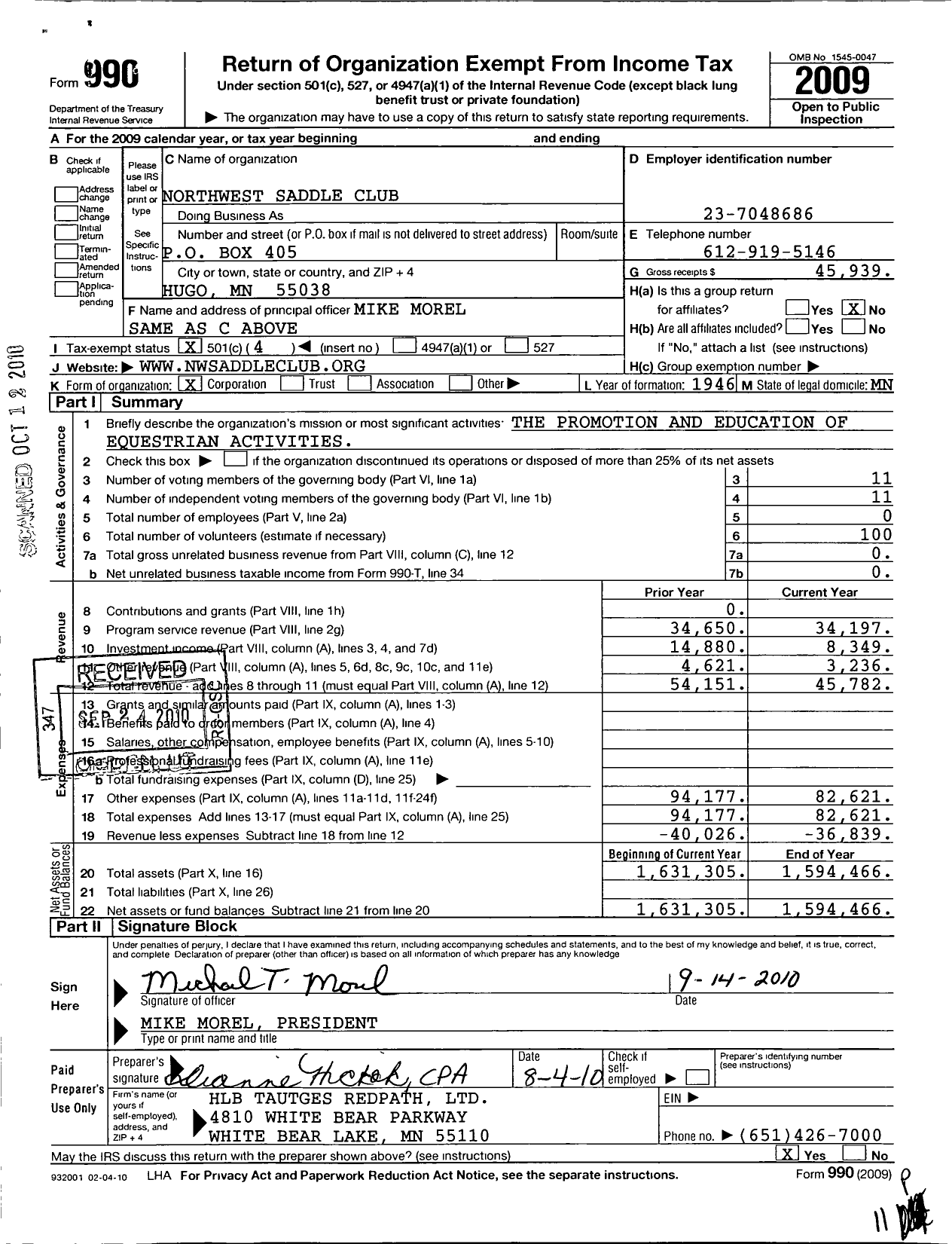 Image of first page of 2009 Form 990O for Northwest Saddle Club