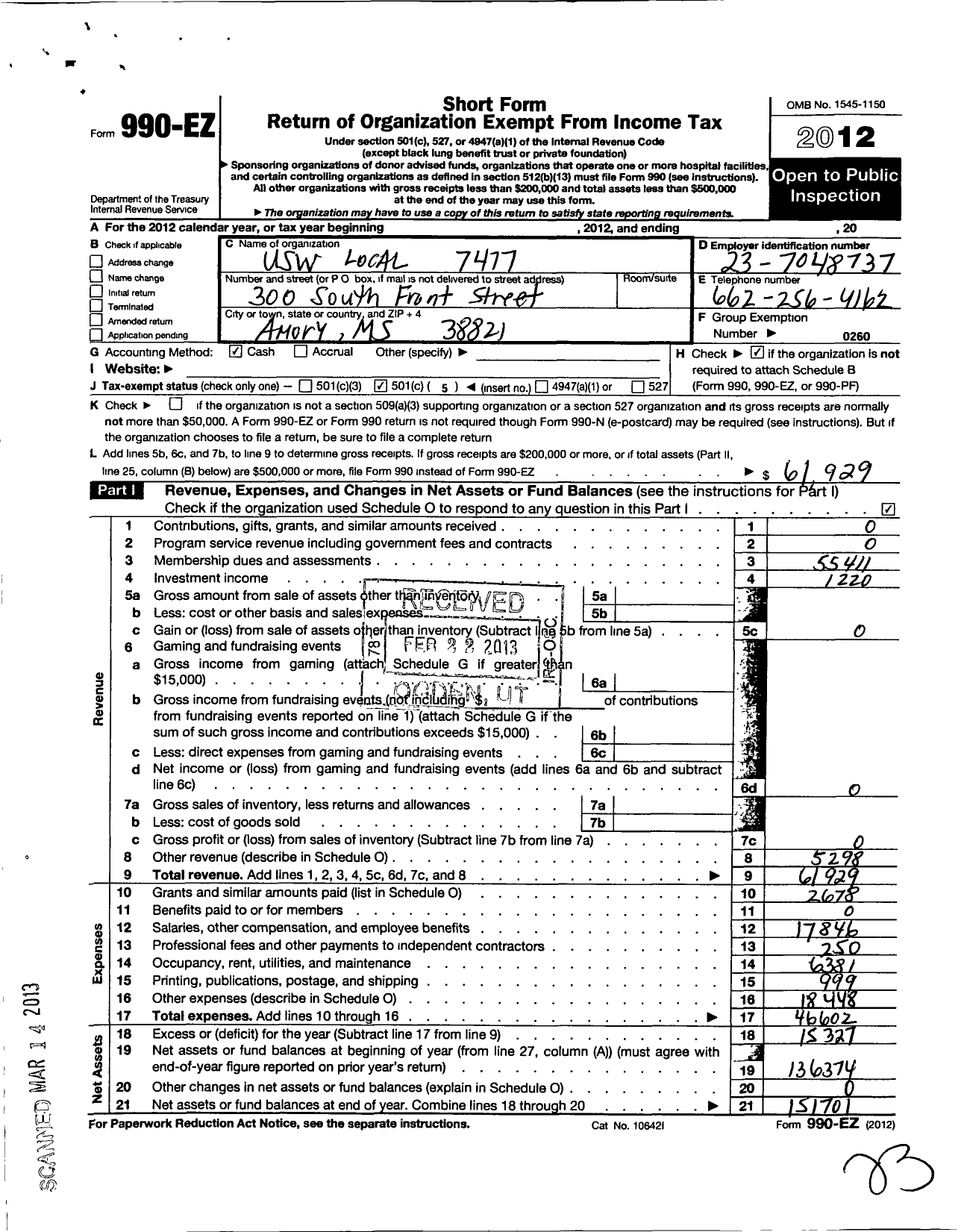 Image of first page of 2012 Form 990EO for United Steelworkers - 07477 Local