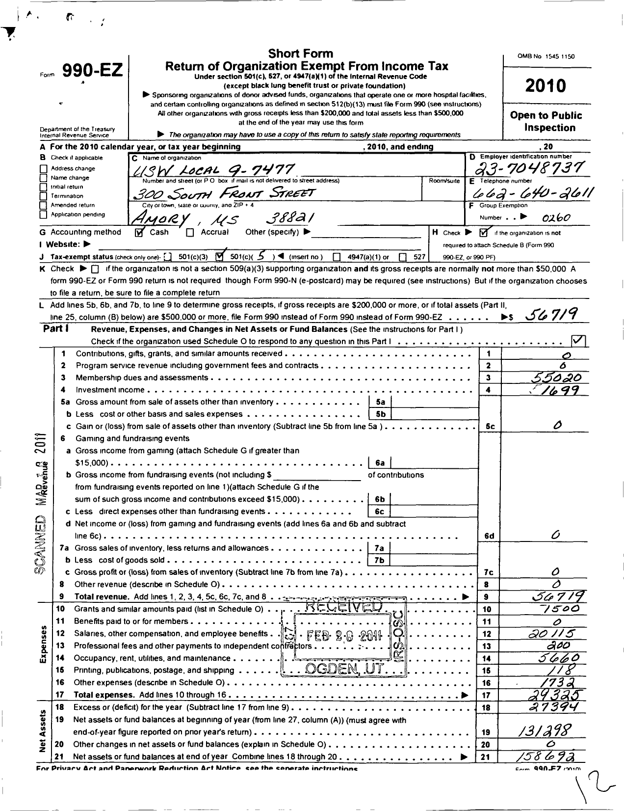 Image of first page of 2010 Form 990EO for United Steelworkers - 07477 Local