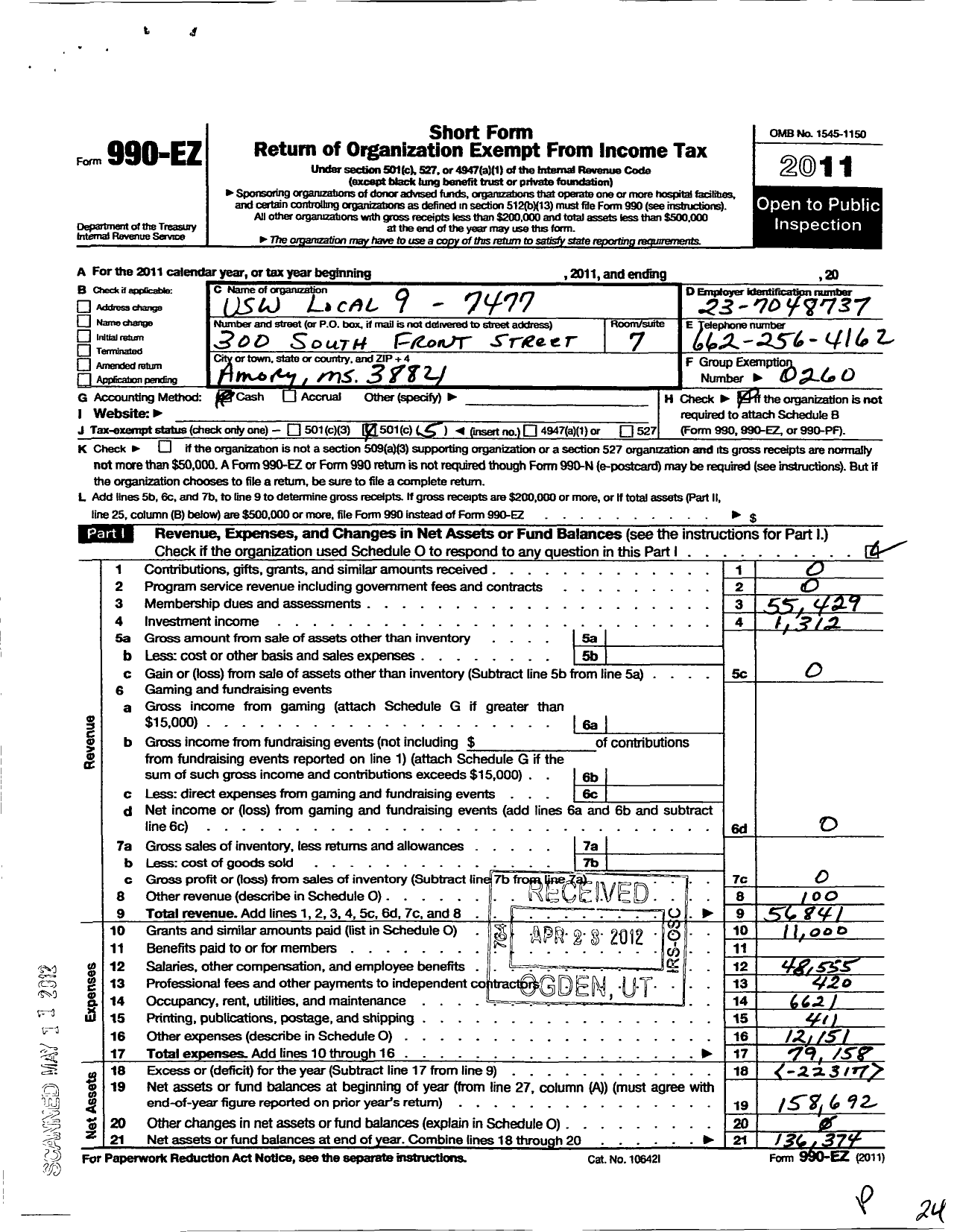 Image of first page of 2011 Form 990EO for United Steelworkers - 07477 Local