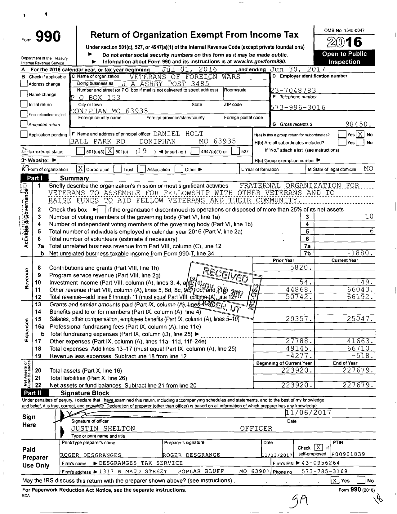 Image of first page of 2016 Form 990O for VFW Missouri - 3485 Post Ja Ashby