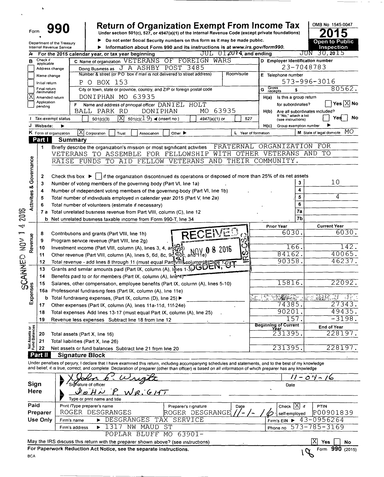 Image of first page of 2014 Form 990O for VFW Missouri - 3485 Post Ja Ashby