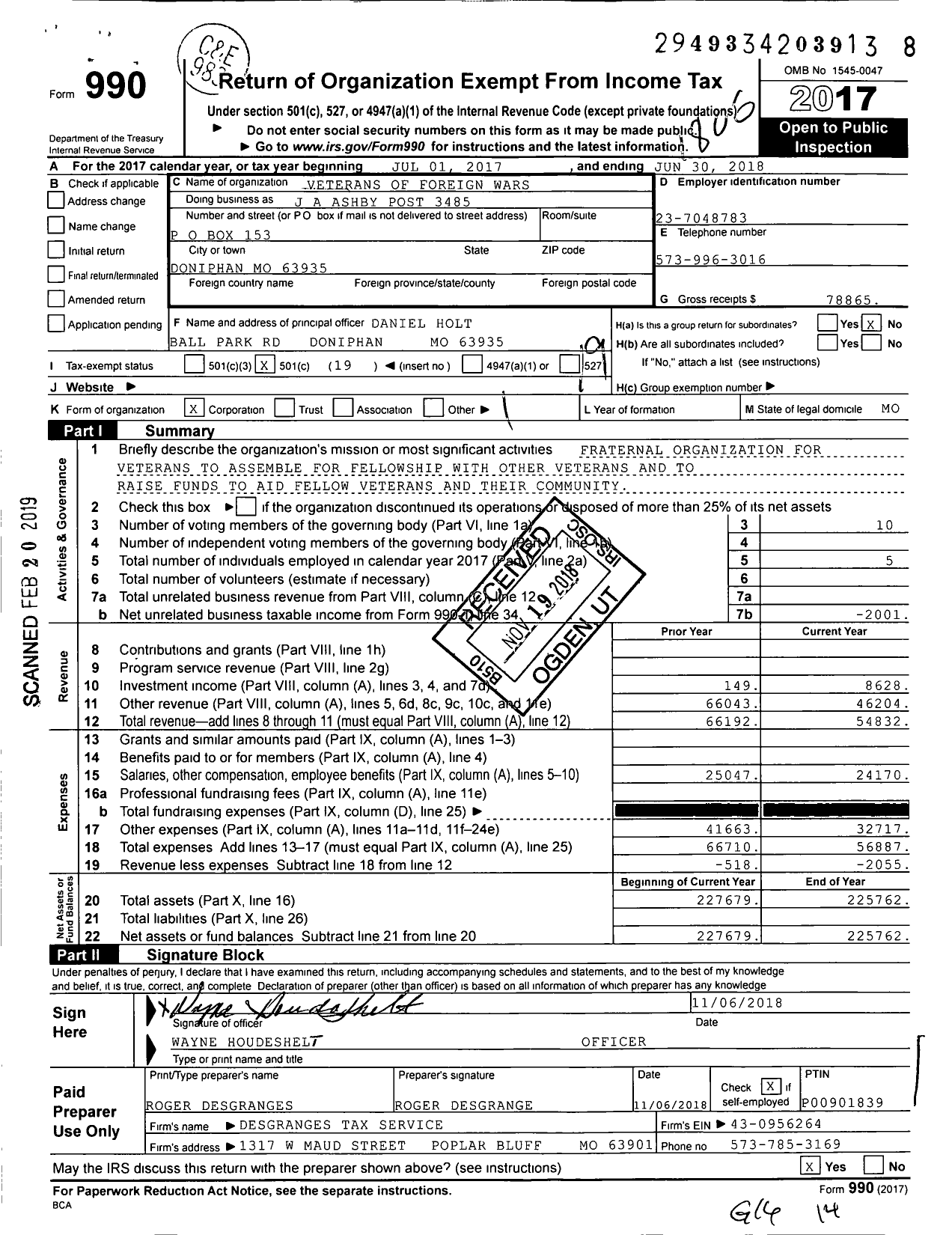 Image of first page of 2017 Form 990O for VFW Missouri - 3485 Post Ja Ashby
