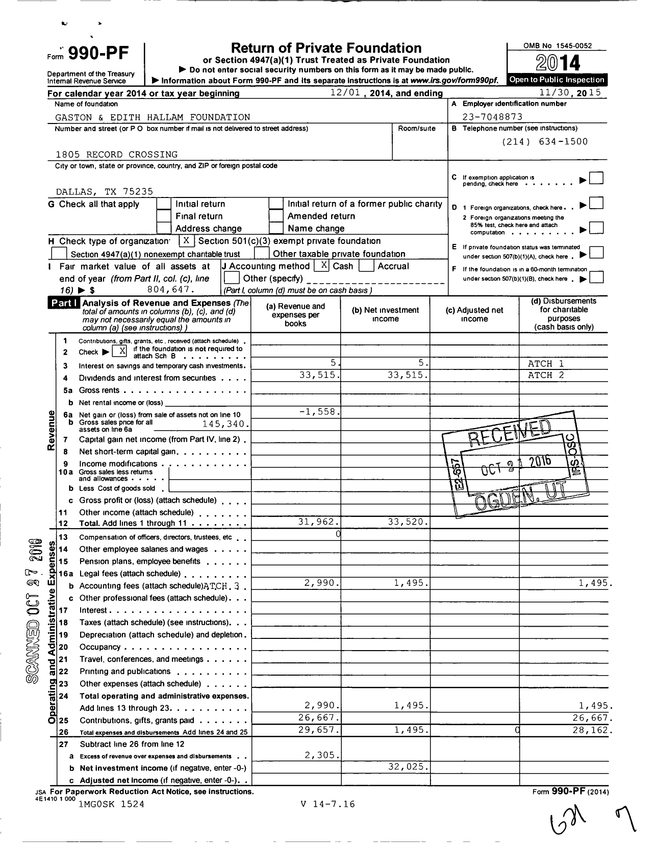 Image of first page of 2014 Form 990PF for Gaston and Edith Hallam Foundation