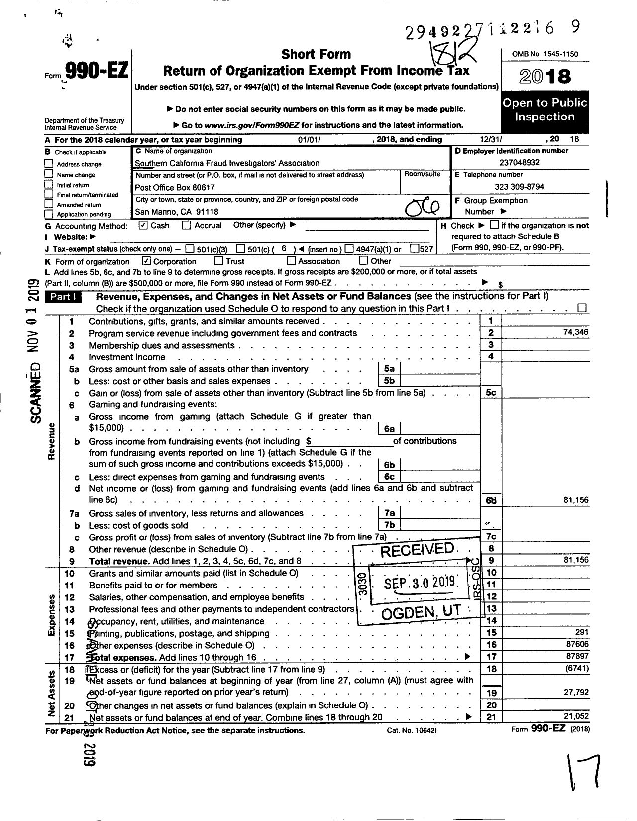 Image of first page of 2018 Form 990EO for Southern California Fraud Investigators Association