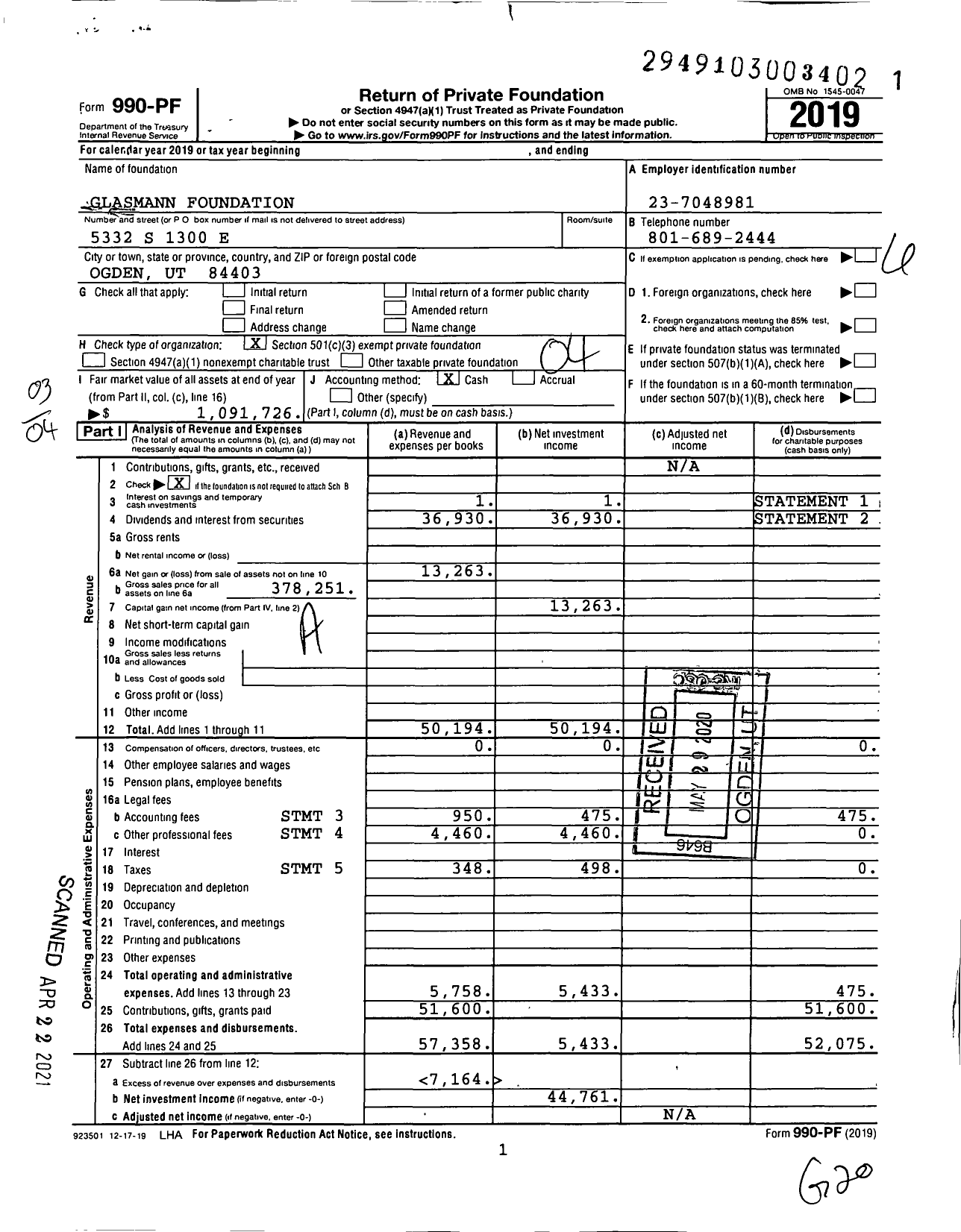 Image of first page of 2019 Form 990PF for Glasmann Foundation