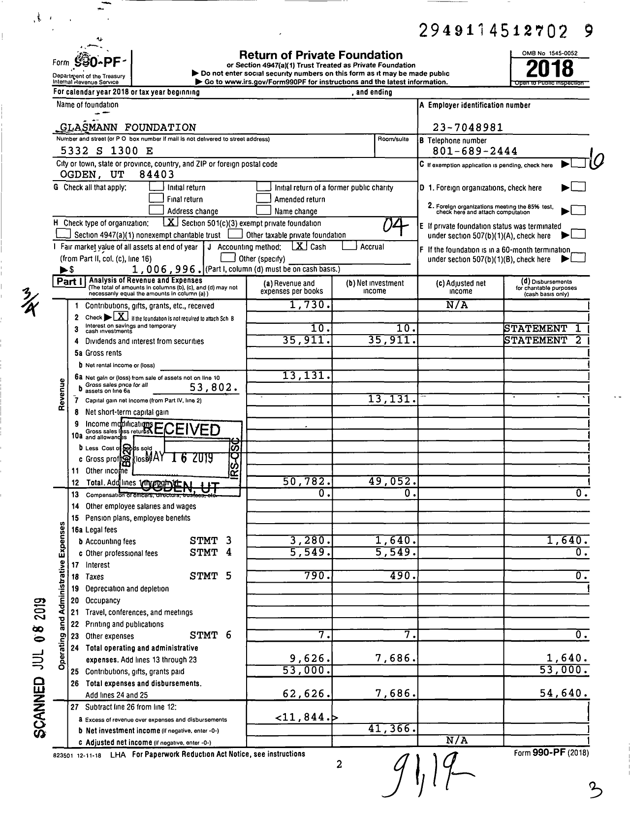 Image of first page of 2018 Form 990PF for Glasmann Foundation