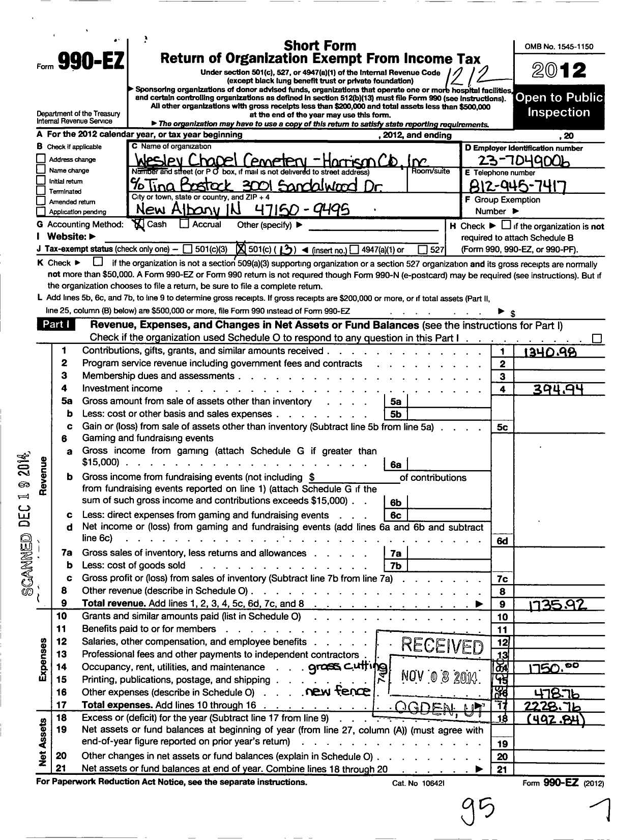 Image of first page of 2012 Form 990EO for Wesley Chapel Cemetery-Harrison