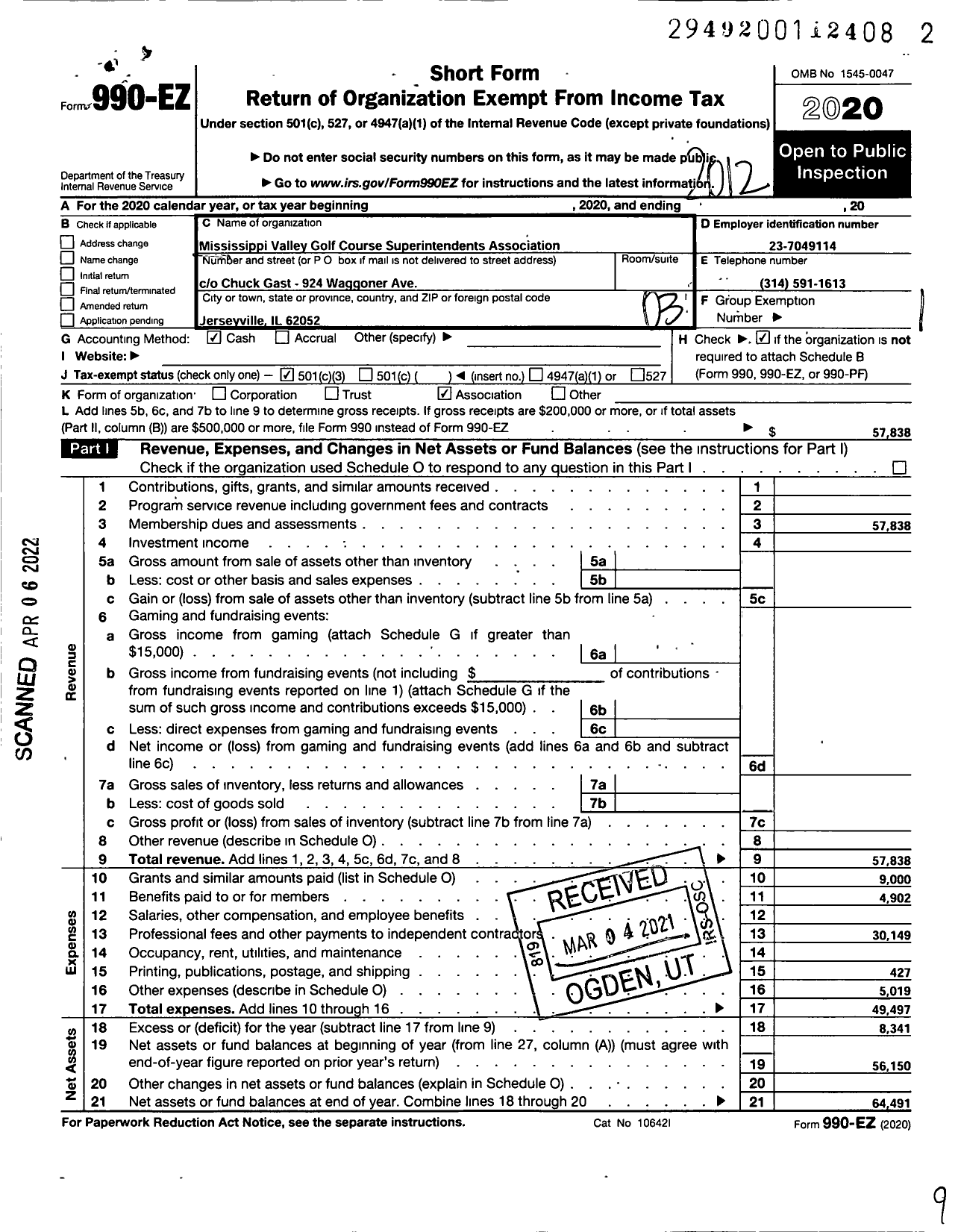 Image of first page of 2020 Form 990EZ for Mississippi Valley Golf Course Superintendents Association