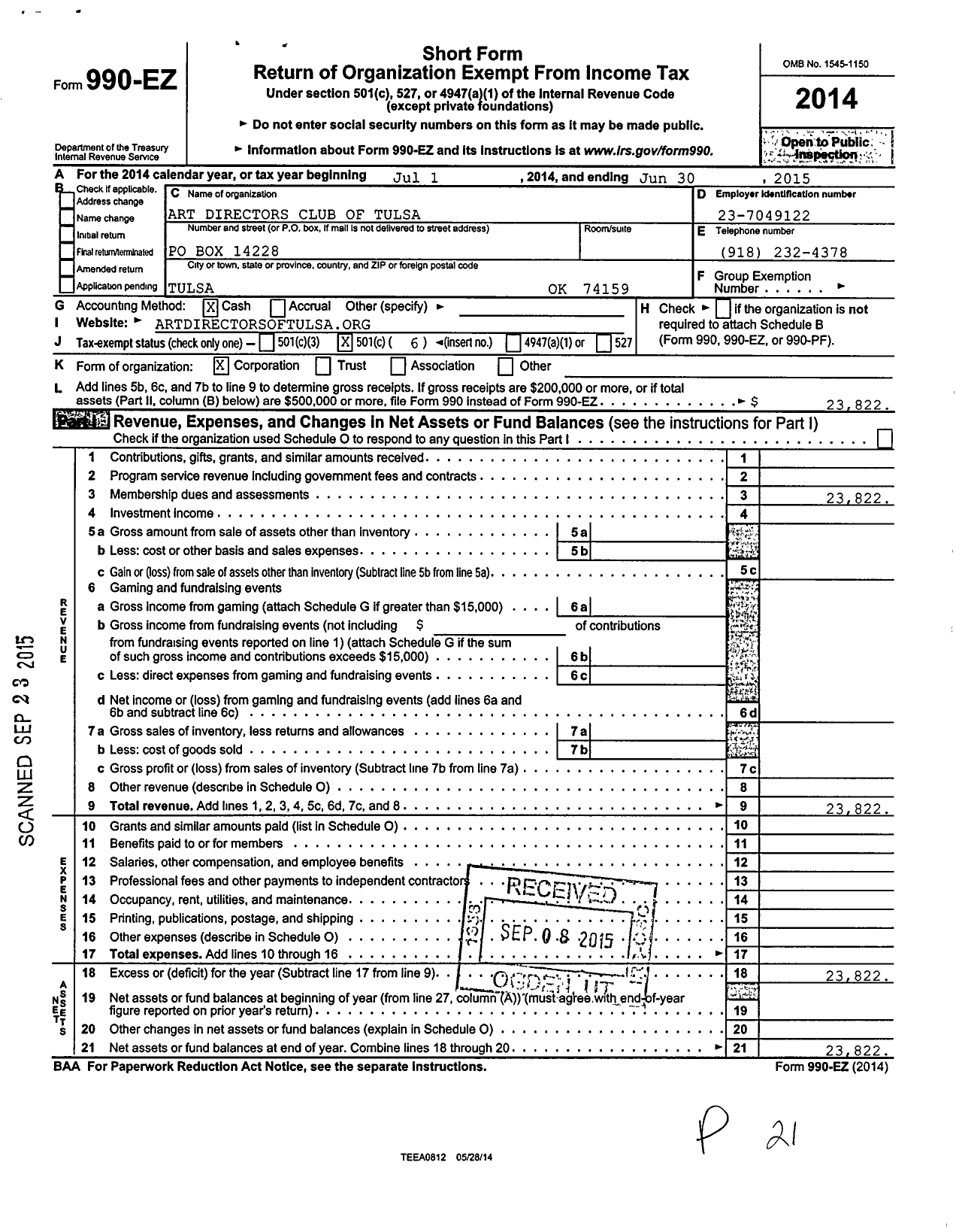 Image of first page of 2014 Form 990EO for Art Directors Club of Tulsa