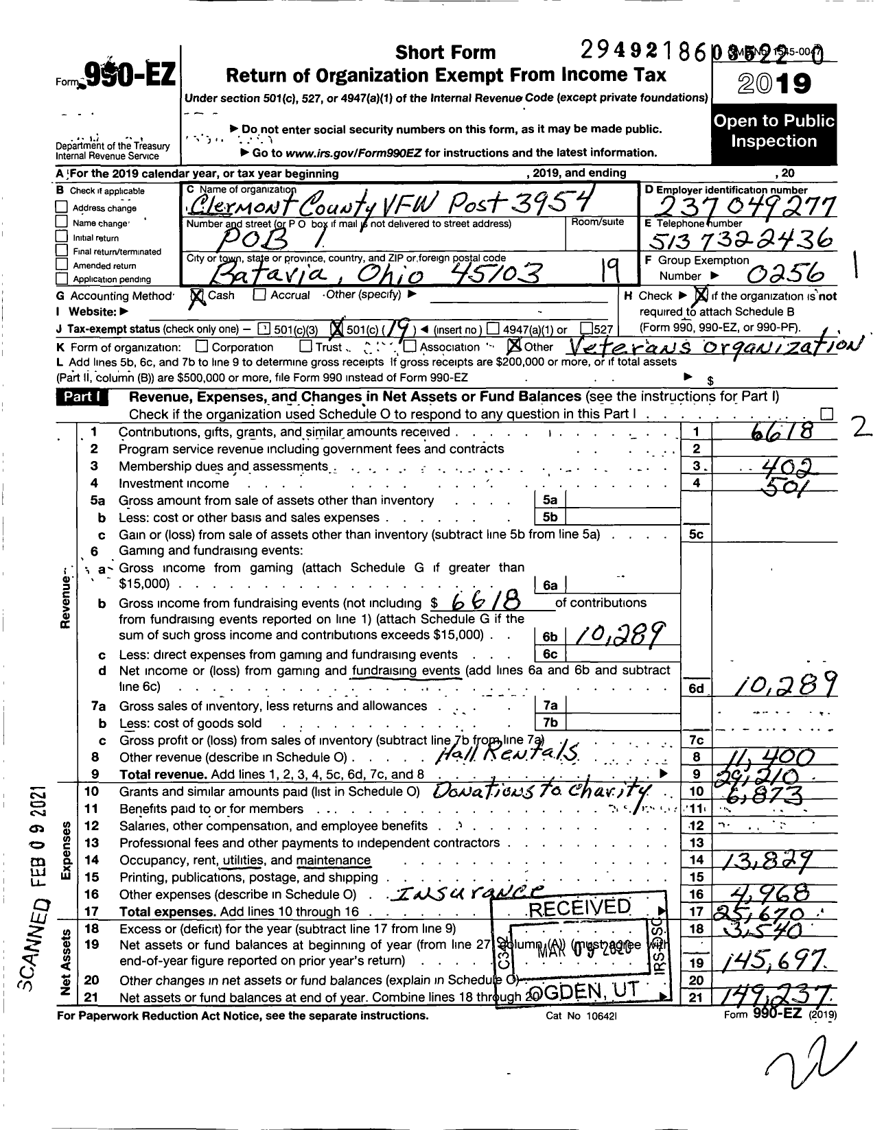 Image of first page of 2019 Form 990O for Ohio VFW - 3954 Clermont County VFW Post