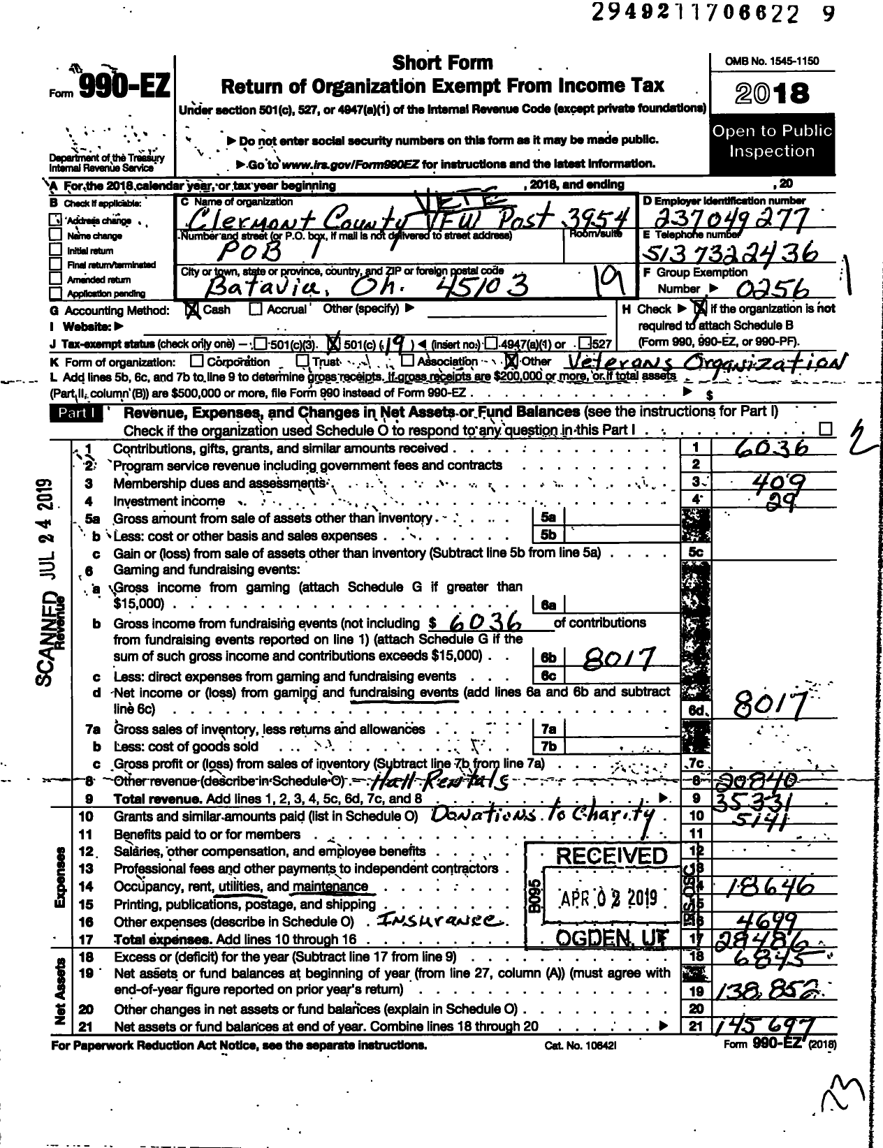 Image of first page of 2018 Form 990EO for Ohio VFW - 3954 Clermont County VFW Post