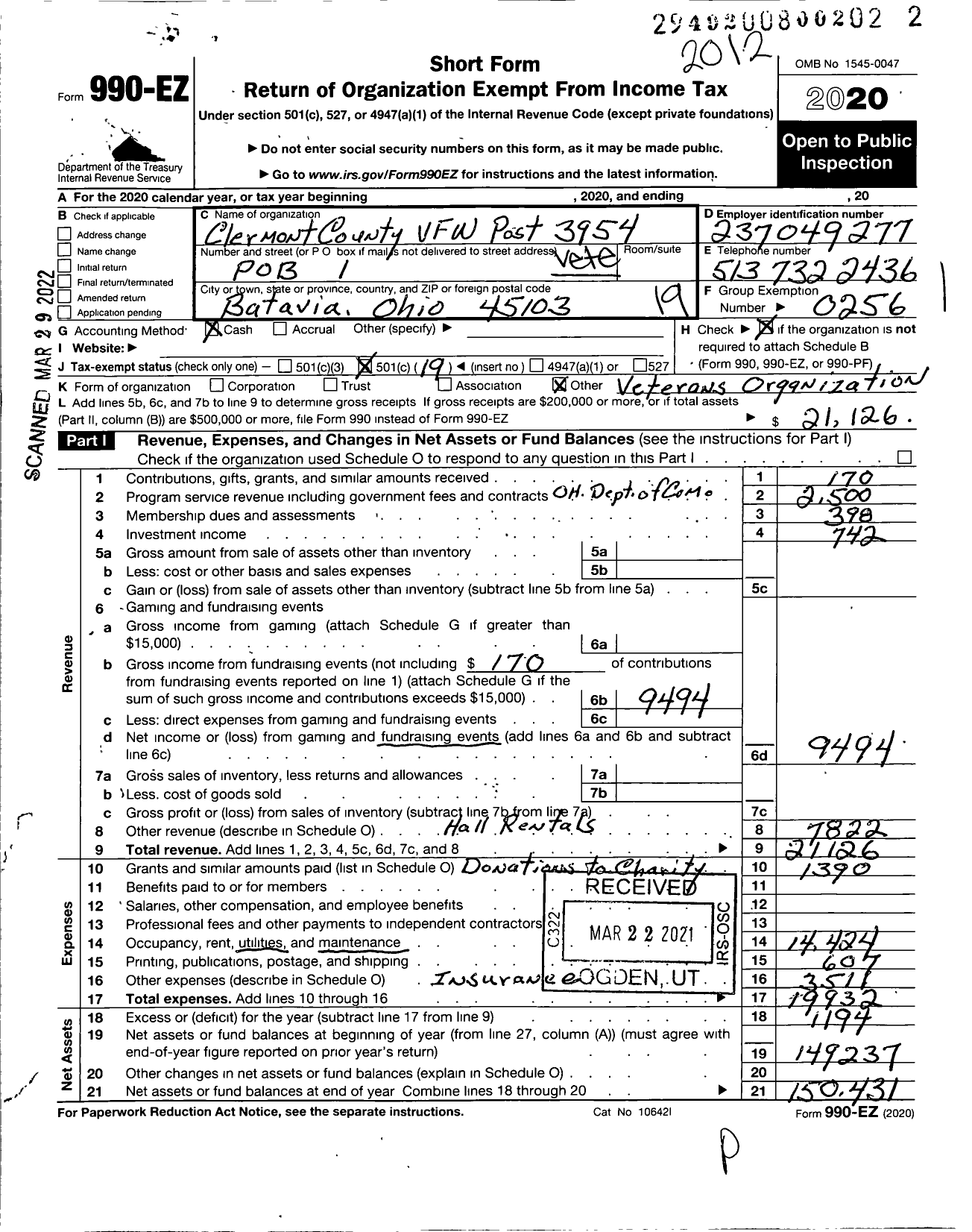 Image of first page of 2020 Form 990EO for Ohio VFW - 3954 Clermont County VFW Post