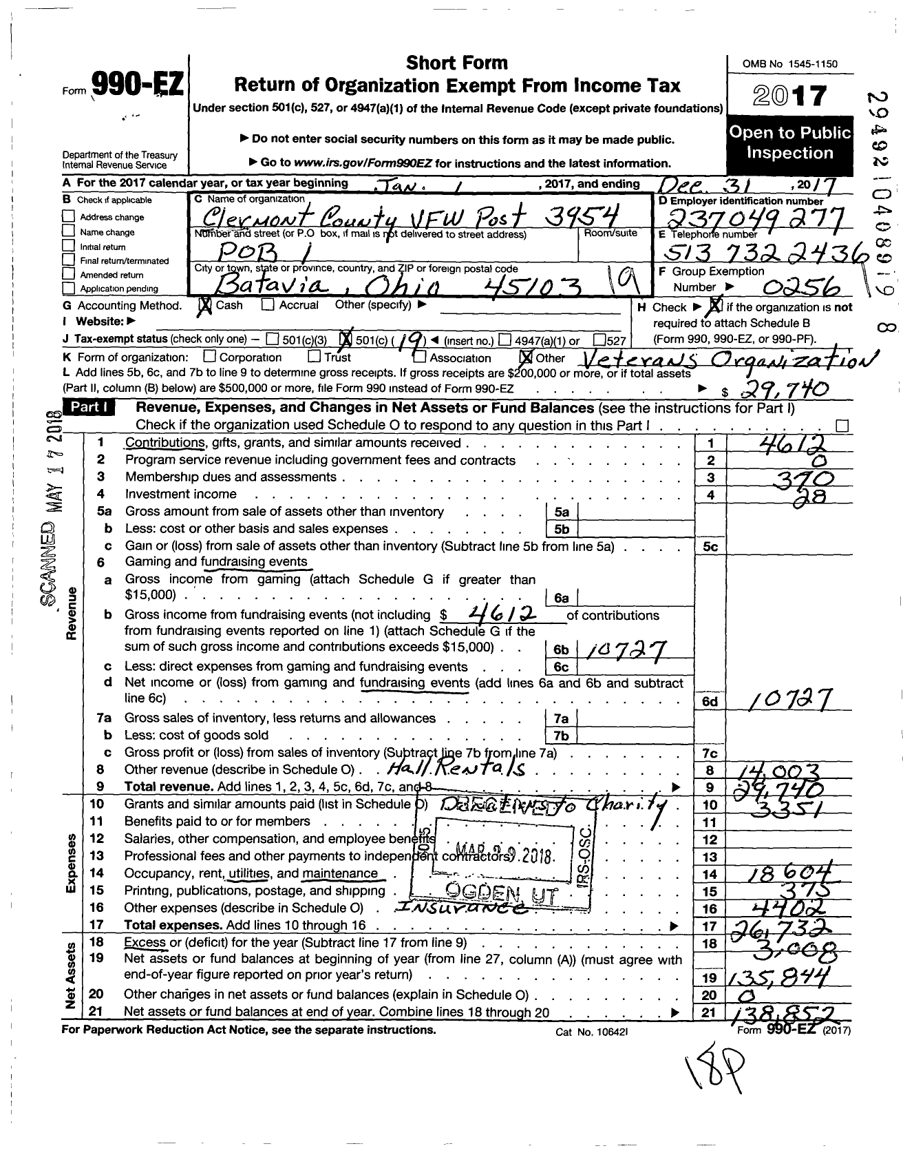 Image of first page of 2017 Form 990EO for Ohio VFW - 3954 Clermont County VFW Post