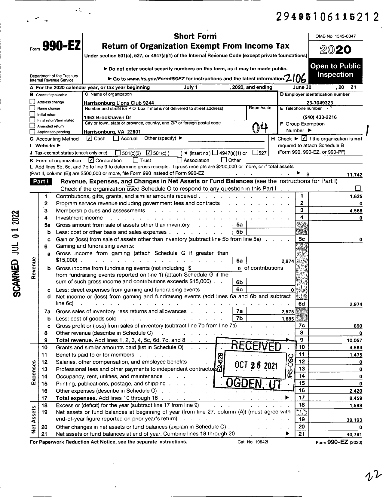 Image of first page of 2020 Form 990EO for Lions Clubs - 9244 Harrisonburg Virginia