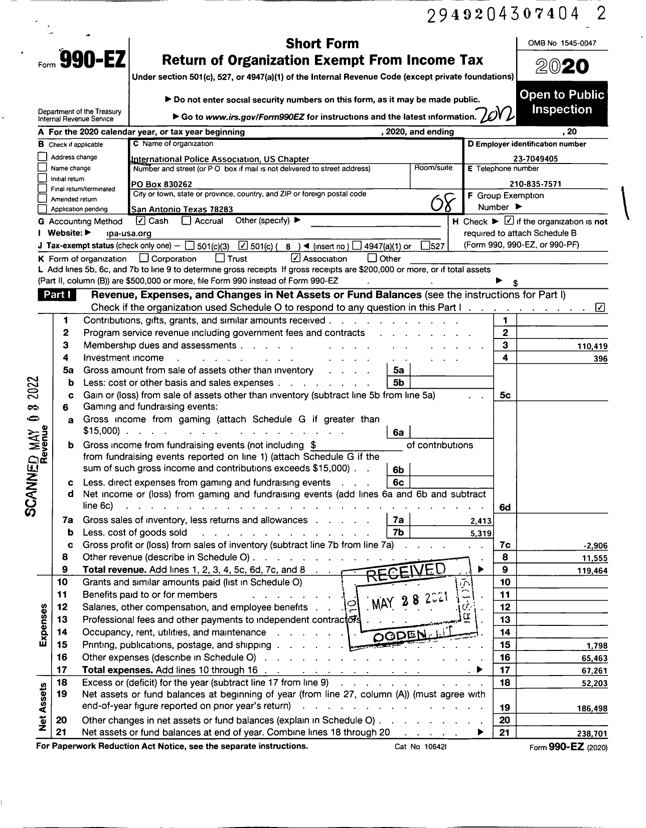 Image of first page of 2020 Form 990EO for International Police Association United States Section